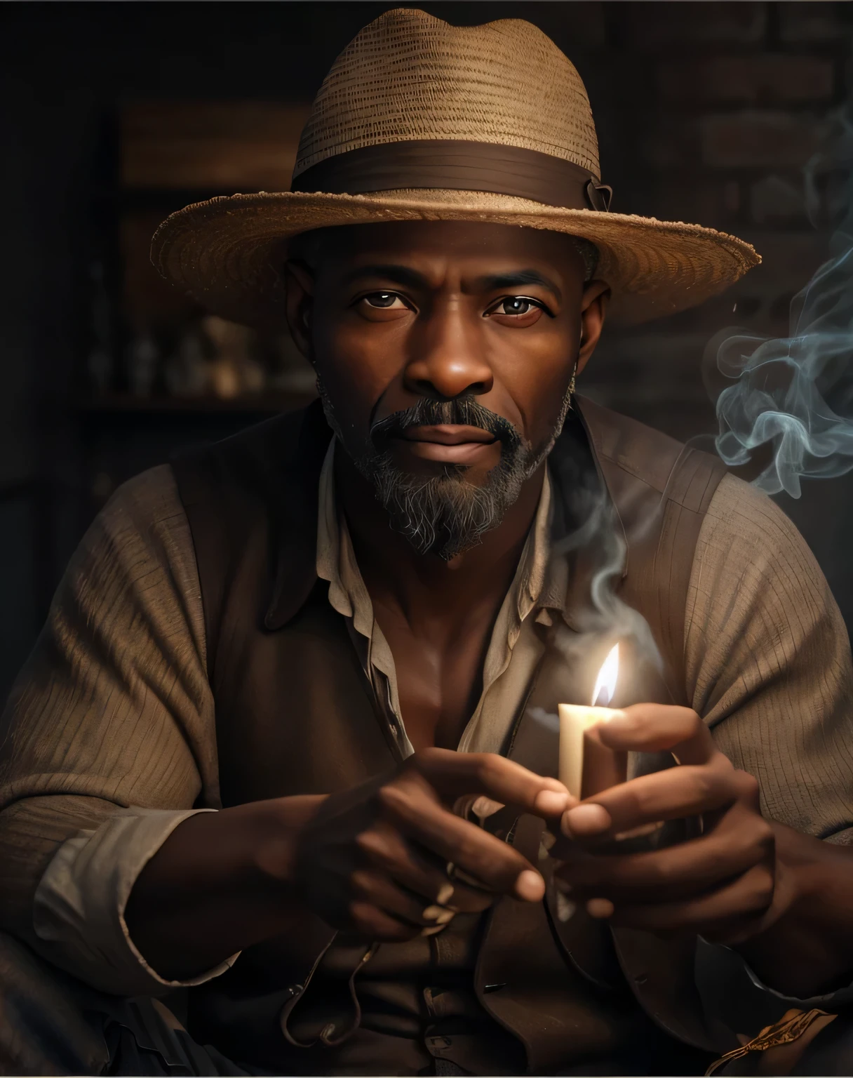 Crie uma imagem hiper realista de um homem velho afrodescendente, 100 anos, olhos brilhantes, cansados e triste, pele negra, barba grande e volumosa branca, cabelos  branco, roupa branca , Cord of seeds and teeth of animals around the neck, sitting on a small barefoot wooden bench. The decoration should be of antique brick wall with several lit candles, with candlelight lighting. Several candles lit on the floor, with a lot of smoke in an intimate and religious environment. Use a Sony A7 III camera with an 85mm lens at an aperture setting of F 1.2 para desfocar o fundo.  Richness in the features of the face, boca e olhos. Crie uma imagem ultrarrealista que captura a beleza natural e a personalidade, dramatic lighting, ..............................................3d, VFX, 9:16 cinematic lighting, Estilo Phock, Estilo UltraVector, hyper realistic, cinemactic, Ultra High Definition, HDR, cinemactic, Realistic, precision detailed (moldura para foto) cintura), imagem central, Estilo, bioluminescente, tamanho real 8, 8K resolution