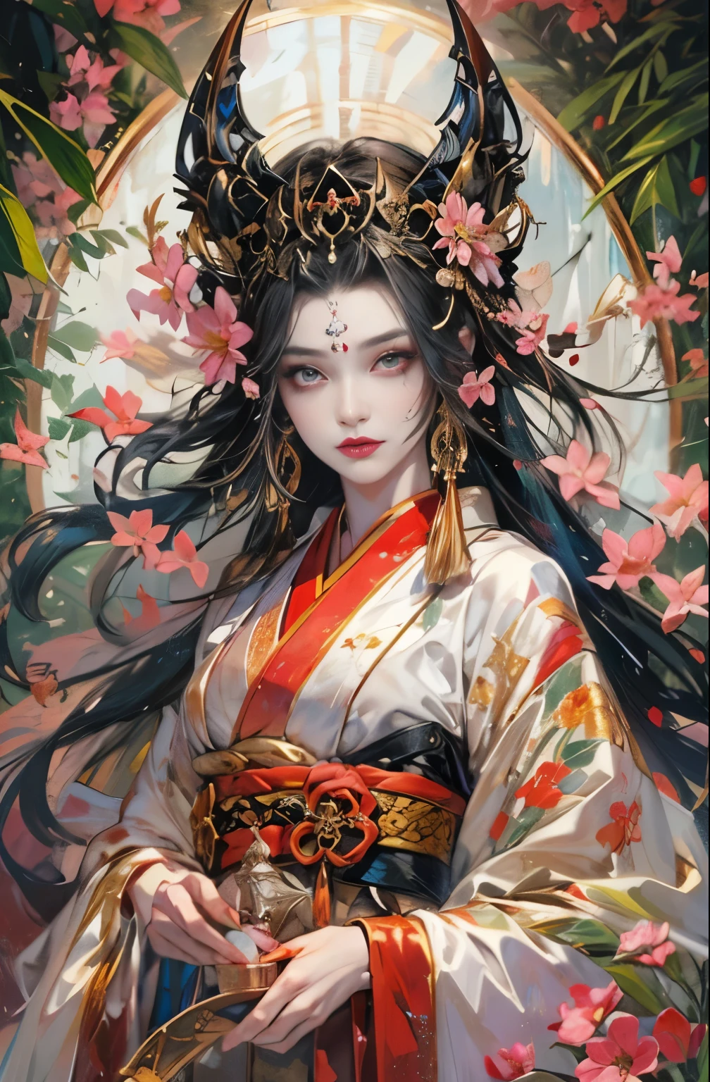 beautiful demon painting, Moonlit Night, SakuraFubuki, messy hair, Senbonzakura, Cherry blossoms scattering in the wind, Noh theater, Zeami, Big Yokai, 魑enchantment, monster queen, empress of fear, queen of hell, The Six Paths of Reincarnation, Beauty of the Leaning Country, beautiful black haired demon, beautiful red makeup, Golden-haired, white-faced, nine-tailed fox, has a demon mask, He looks 27 years old, Dream of a butterfly, Sharp beauty, Bewitching, Chinese peony, peony, lily flower, Beautiful red kimono, Oiran, highest ranking woman, Hundred flowers in abundance, The Flower of Carnage, Female Yakuza, devil living in the outhouse, ruler of the red light district, Inspired by Chen Yifei, Works that influenced Francesco Hayes, Inspired by Hendrik Terbruggen, Jean＝Works that influenced Auguste Dominique Ingres, Inspired by Liu Jun, Jean＝Works that influenced Auguste Dominique Ingres, highest quality, perfect angle, perfect composition, best shot, official art, cinematic light, figurative art, Beautiful and expressive paintings, Beautiful artwork illustration, wonderful, cool beauty, clear, Muromachi Fantasy, mysterious, Mysterious, highest quality, official art, perfect composition, perfect angle, best shot, women only, sharp outline, pretty much beautiful face, beautiful and fine eyes, Eyes without pupils, demon of kyoto, 魑enchantmentの主, A ruthless demon woman, phantom, Hyakki Night Line, Shura Road, Female Yakuza, full body tattoo, Netherworld, diamond, Rashomon, Gion Seisha, Snow moon wind flower, The action is permanent, under the meteor light, flying flowers and fallen leaves, Dream Bubble, Close-up
