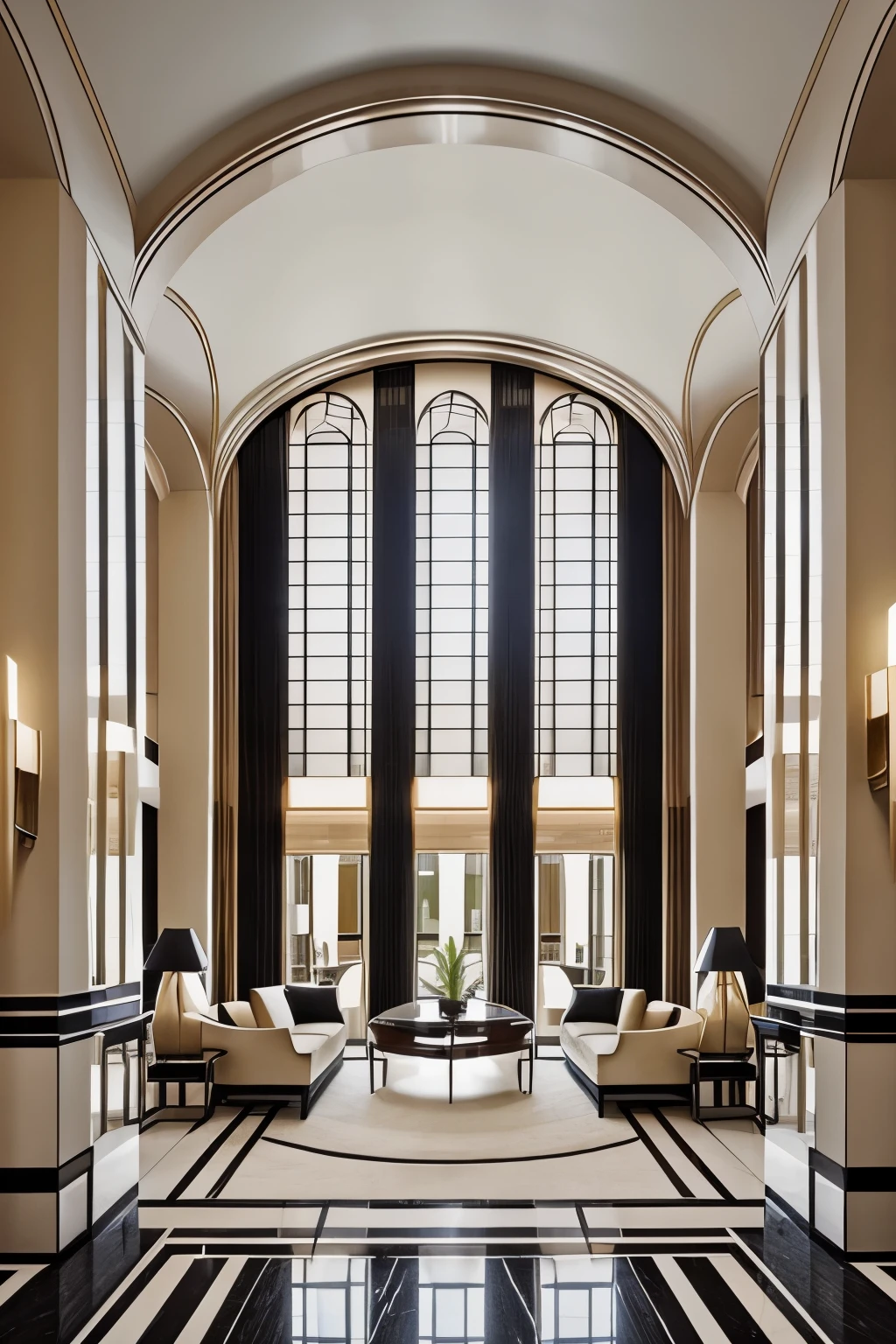 Art Deco Style Interior: A stunning depiction of an art deco style interior, showcasing the intricate details of the architecture and design. The photo, captured in high-resolution 8k UHD, offers a realistic and professional portrayal, accentuated by the use of natural lighting and a hint of filmic grain. The composition flirts with the viewer, drawing them into the picture-perfect space. The art deco elements, with their sleek lines and geometric patterns, create a visually captivating atmosphere. From the meticulously detailed furnishings to the exquisite color palette, every aspect of this interior exudes elegance and sophistication.