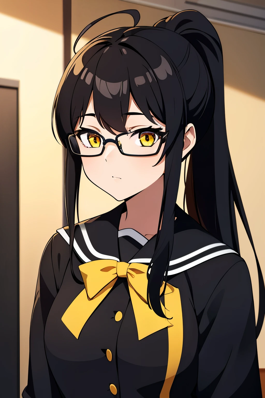 masterpiece, best quality, highres, absurdres, 1girl, yellow golden glowing eyes, black hair, ponytail, ahoge, school girl uniform, glasses, teenager, young girl,