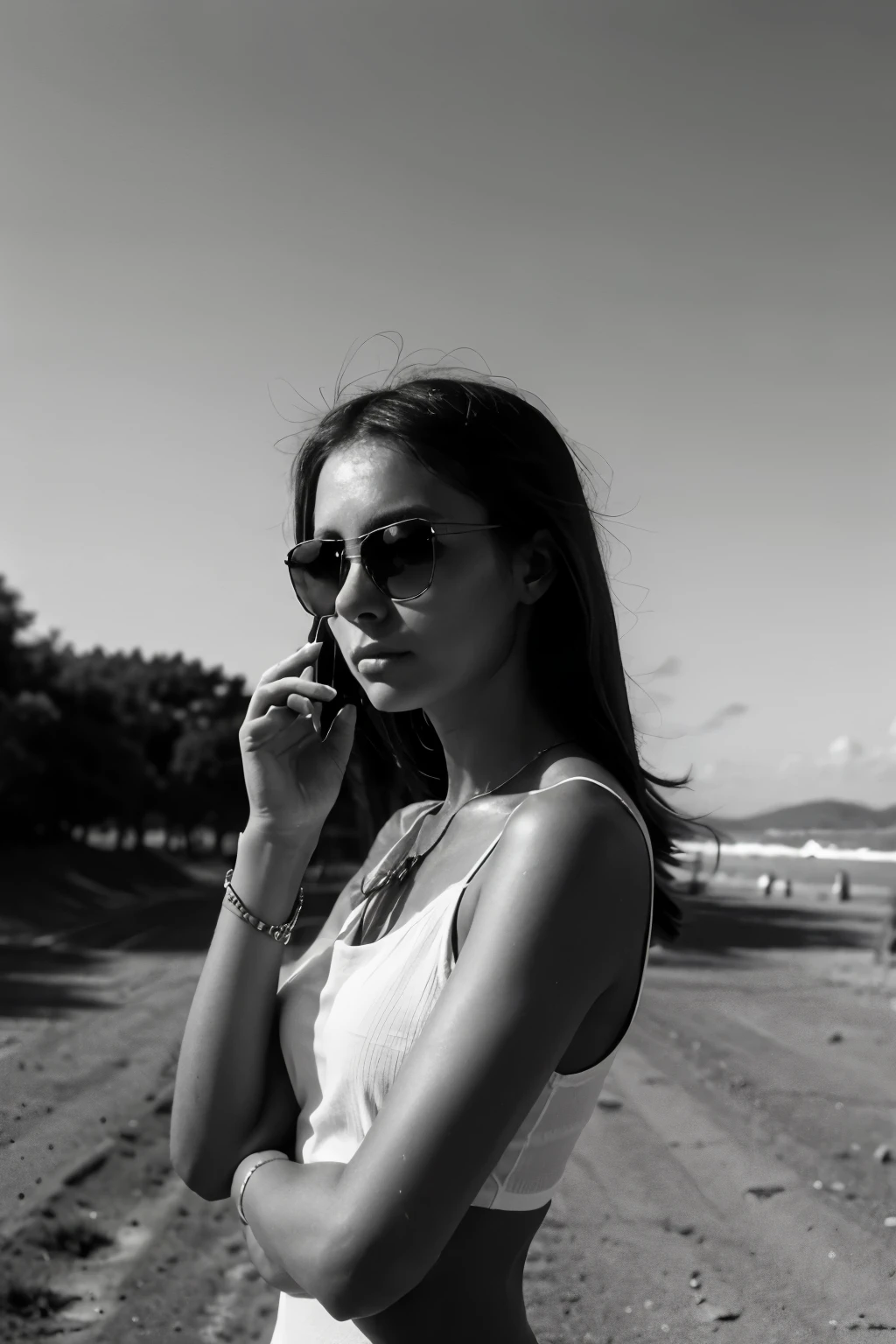 A solitary Stylish figure with sunglasses, her hand resting on her arm as she gazes into the
distance, lost in thought. The image is rendered in a stark, black and white style,
emphasizing the girl's isolation and introspection.