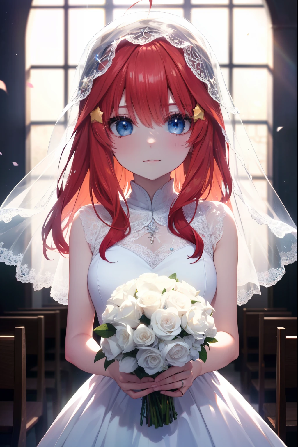 Satsuki Nakano, Itsuki Nakano, bangs, blue eyes, hair between eyes, Ahoge, redhead, star \(symbol\), smile,hair ornaments, star hair ornaments,Wedding dress,veil,Throwing a bouquet,throw a bouquet indoors and break it, association,destroy the chapel (masterpiece:1.2), highest quality, High resolution, unity 8k wallpaper, (shape:0.8), (beautiful and detailed eyes:1.6), highly detailed face, perfect lighting, Very detailed CG, (perfect hands, perfect anatomy),