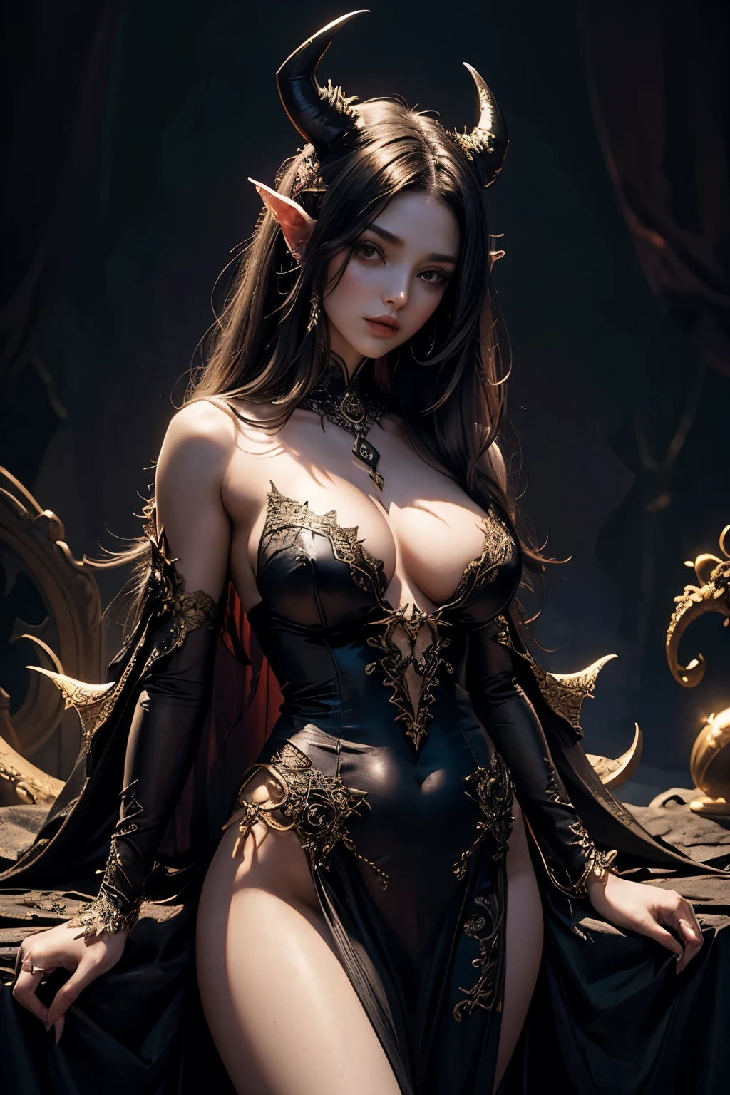 Beautiful painting of a perfect Succubus with a slender figure, large breasts, shapeless long hair, and small horns. Her features are of utmost perfection and beauty, with intricately detailed skin texture that almost appears ethereal, illuminated by deep dark shadows and strong cinematic lighting. The background is an ethereal abstraction, complementing the near-perfect form of this enchanting being.
The Succubus wears an extremely baroque revealing dress, adorned with intricate patterns and bold colors that add an alluring charm to her appearance. Her upper body is displayed boldly in a cowboy shot, with her embrace inviting the view