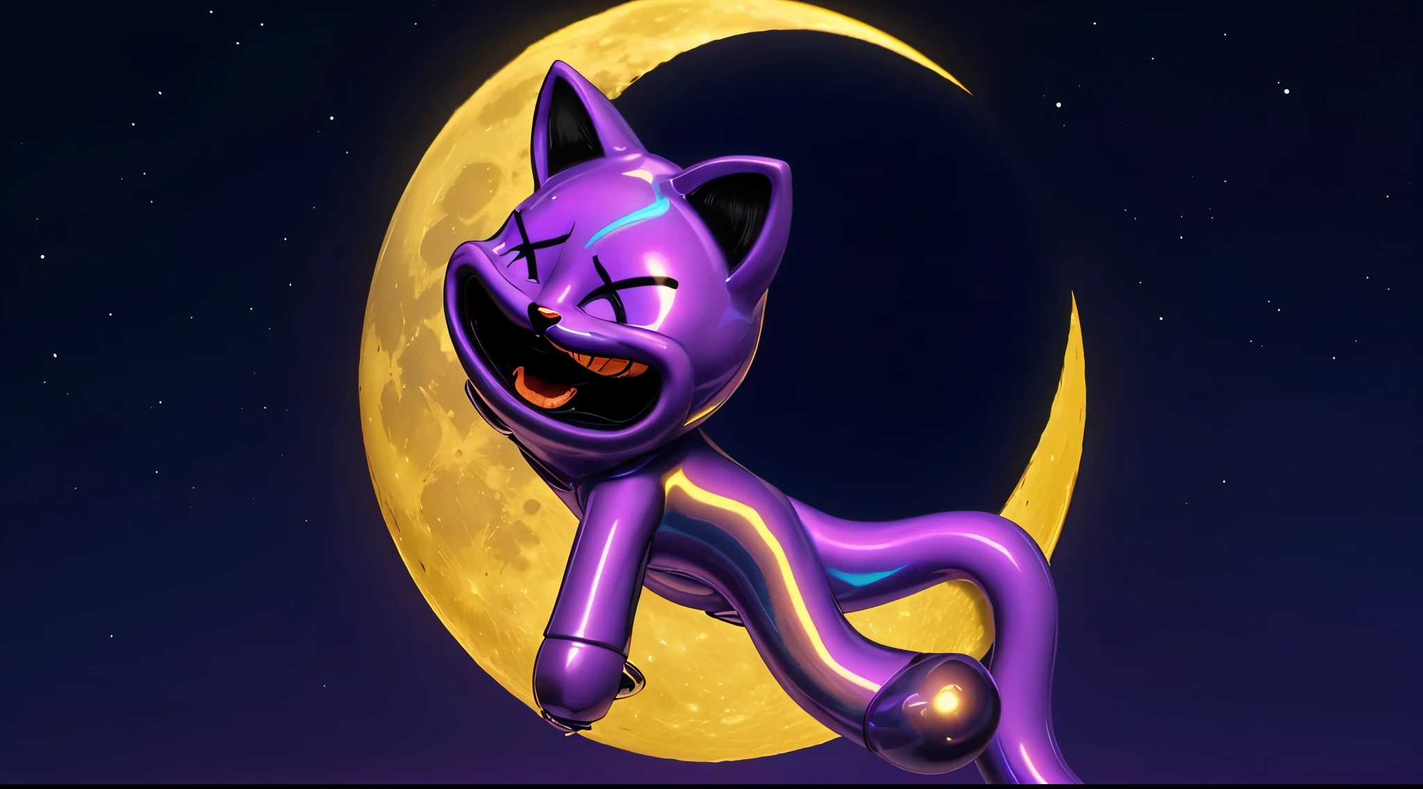 purple cat laying on a yellow moon with a dark blue background, violet purple cat, elokitty, very sad, moon, cute! c4d, high res, cute 3 d render, noon, colored zbrush render, gloomy, night sky background with stars, gviolet cat toy, toy cat sitting on moon, glossy texture, smooth 3d model, multiple light sources, rim light, sharp post effects render, (glossy plastic texture with multiple big light probe refractions), perfect cgi, cgi art created only with gradients, smooth silhouette, high intensity refraction, (super glossy plastic), most beautiful vfx, dark blue background