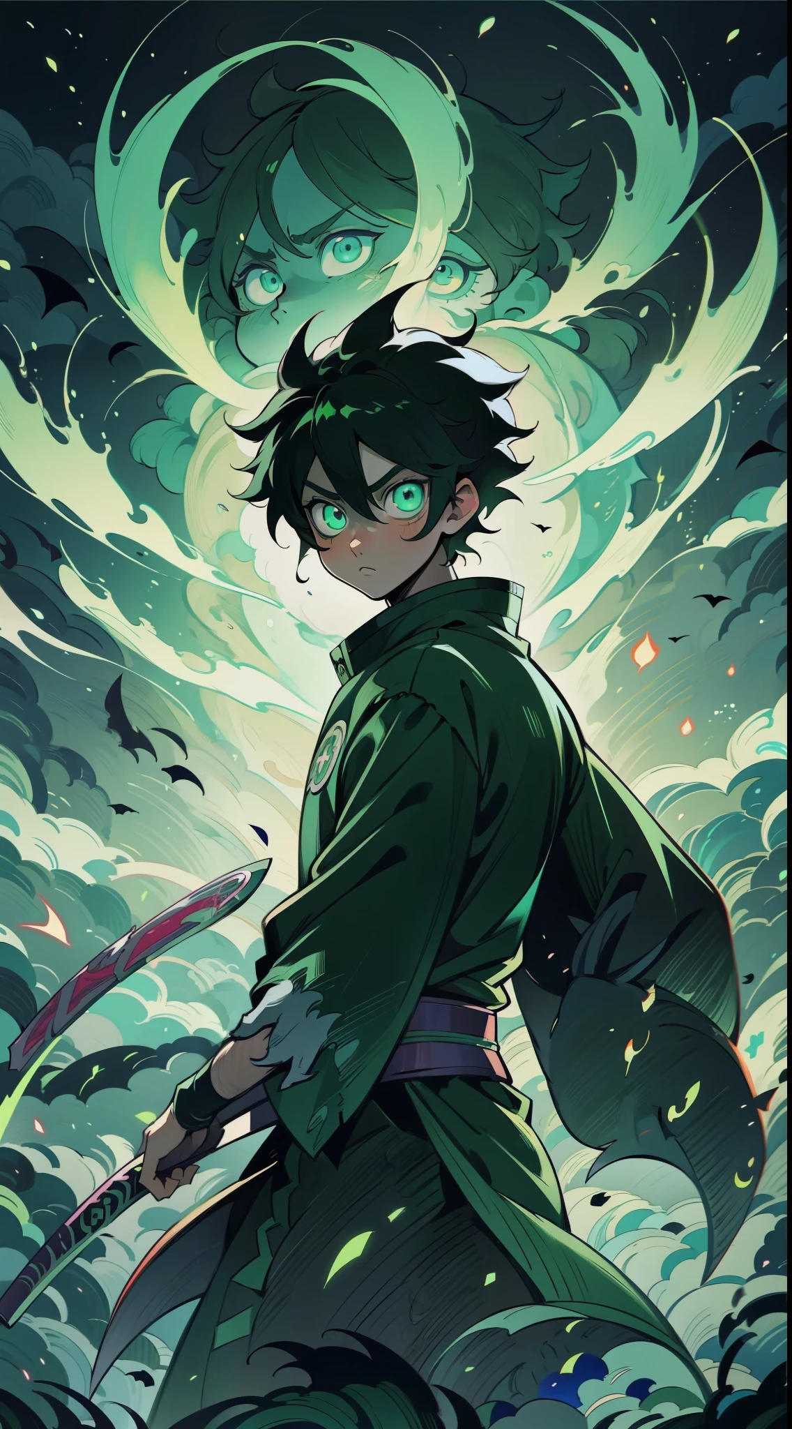 anime boy with glowing eyes surrounded by green fire, badass anime 8 k, anime art wallpaper 8 k, anime art wallpaper 4k, anime art wallpaper 4 k, 4k anime wallpaper, epic fantasy digital art style, 4 k manga wallpaper, demon slayer rui fanart, demon slayer artstyle, anime style 4 k, anime wallpaper 4k, anime wallpaper 4 k