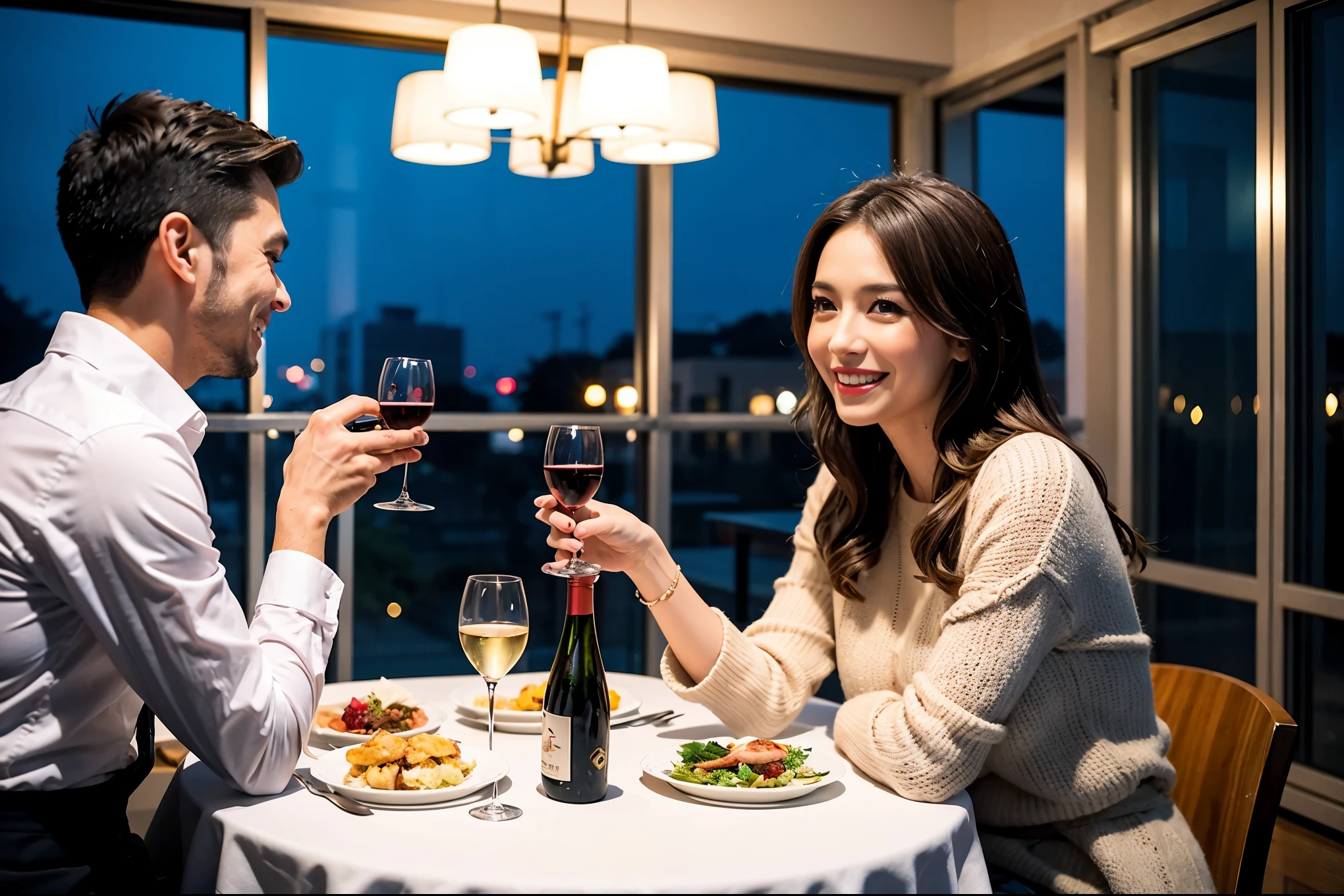 64k, UHD, highest quality, masterpiece: 1.2), (realistic, photorealistic: 1.37),やわらかなsmile、gentle expression、 Super detailed, celebration party、beauty、charm、beautiful mature woman、3 women who love wine、three men、Tokyo、Yokohama、champagne、sparkling wine、winter night、restaurantでワイン宴会、(slimな男女4名),(Wine party for 5 people)、(slimフェイス),Happy、 最高なsmile、Fox Face、Berry Short、(because I&#39;thin), (brown hair), (shortcut), long sleeve shirt、winter fashion、Columbia、Brazilian、Japanese、Dutch、German、Portuguese、Belgian、Italian、french, (gushing), (slimボティ), (brown hair), (shortcut), 端正なbeauty、cheeks blush a little, (41 years old), 38 years old, 35 years old、32 years old、 A beautiful and detailed night view spreads out outside the window........., restaurant, wine glassが座っている, At night, in a prominent place (from the Upper body) nova frog style, actress, model, Upper body, White wine, slim, wine glass, Very beautiful night view, wine glass Put in the Middle, Happy smile, (smile: 1.15), 