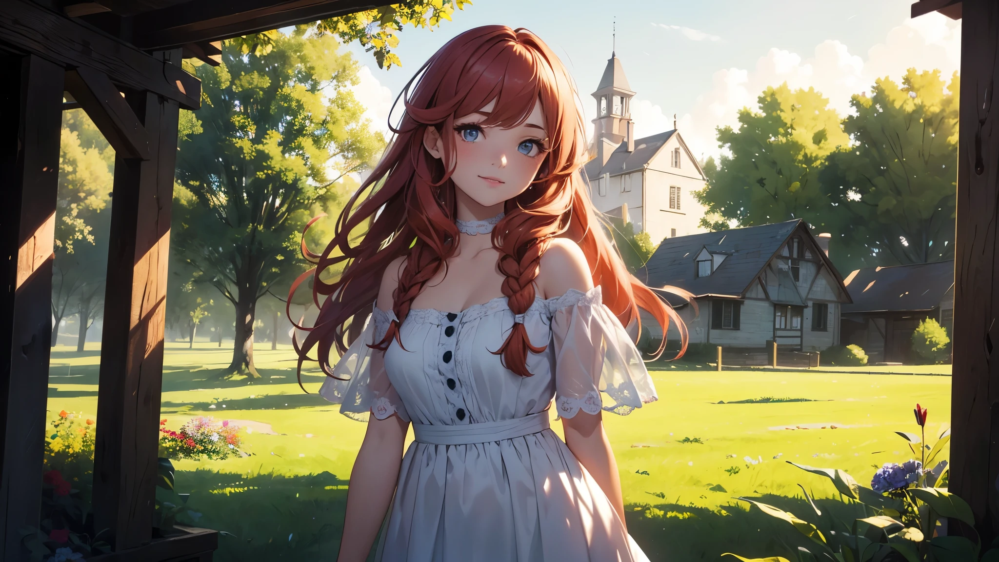((masterpiece,best quality,ultra detailed,ultra high res,detailed country yard background)), soft realistic focus, dynamic shadows, realistic image, vibrant colors,light leaks,dreamy atmosphere,chiaroscuro,BREAK
experimental charm, The girl is depicted in full growth, you see the girl from head to toe, nostalgic appeal, country girlfriend, she take you with yourself, simple open short dress, soft mischievous smile, freckles, shiny light red hair, she will take your hand, thick braids, Don't walk away, don't say goodbye, Don't turn around, don't let it die