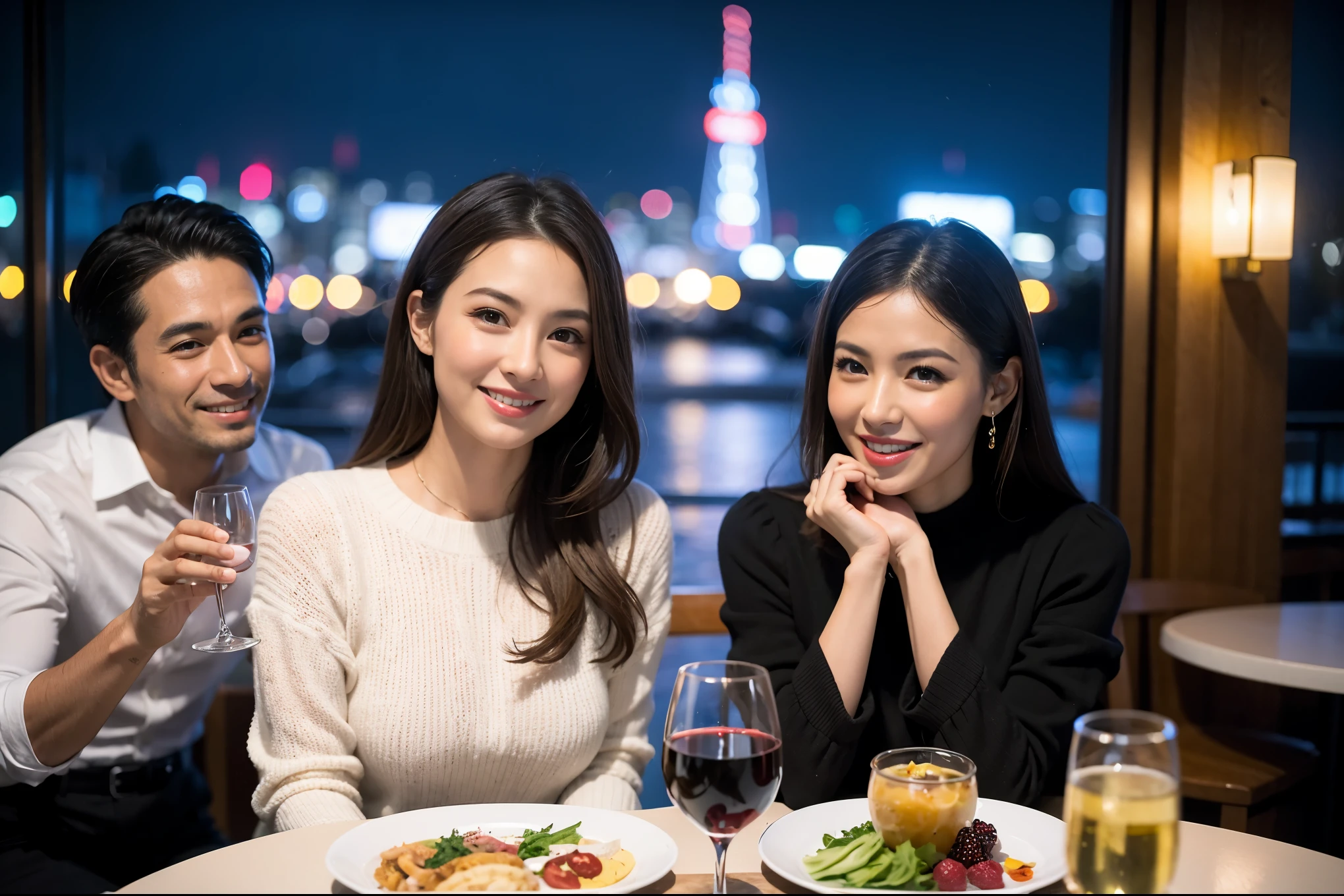 64k, UHD, highest quality, masterpiece: 1.2), (realistic, photorealistic: 1.37),やわらかなsmile、gentle expression、 Super detailed, celebration party、beauty、charm、beautiful mature woman、3 women who love wine、three men、Tokyo、Yokohama、champagne、sparkling wine、winter night、restaurantでワイン宴会、(slimな男女4名),(Wine party for 5 people)、(slimフェイス),Happy、 最高なsmile、Fox Face、Berry Short、(because I'thin), (brown hair), (shortcut), long sleeve shirt、winter fashion、Columbia、Brazilian、Japanese、Dutch、German、Portuguese、Belgian、Italian、french, (gushing), (slimボティ), (brown hair), (shortcut), 端正なbeauty、cheeks blush a little, (41 years old), 38 years old, 35 years old、32 years old、 A beautiful and detailed night view spreads out outside the window........., restaurant, wine glassが座っている, At night, in a prominent place (from the Upper body) nova frog style, actress, model, Upper body, White wine, slim, wine glass, Very beautiful night view, wine glass Put in the Middle, Happy smile, (smile: 1.15),