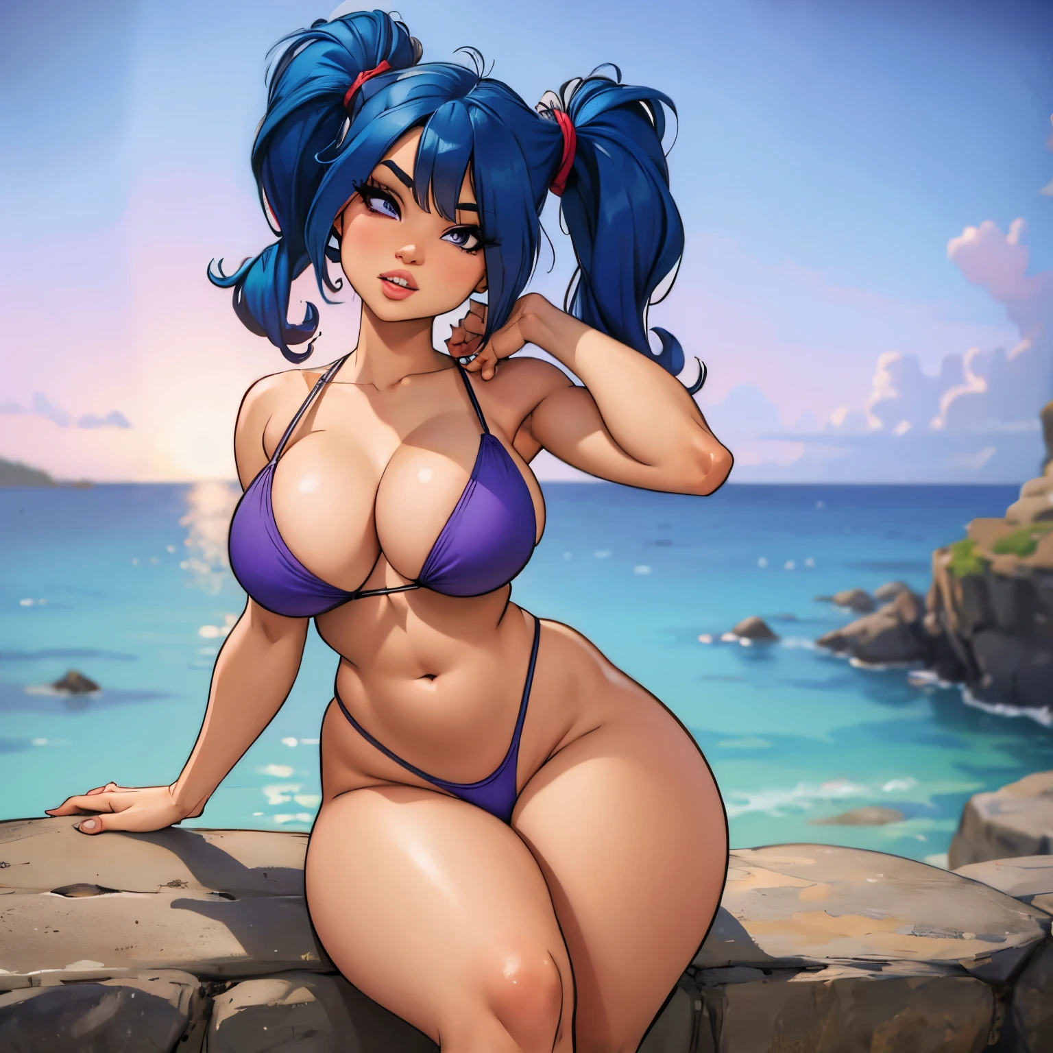 (((masterpiece))), gorgeous woman with blue bikini, short blue hair, pigtails, purple eyes, shortstack, skinny, slender, plump lips, by the beach