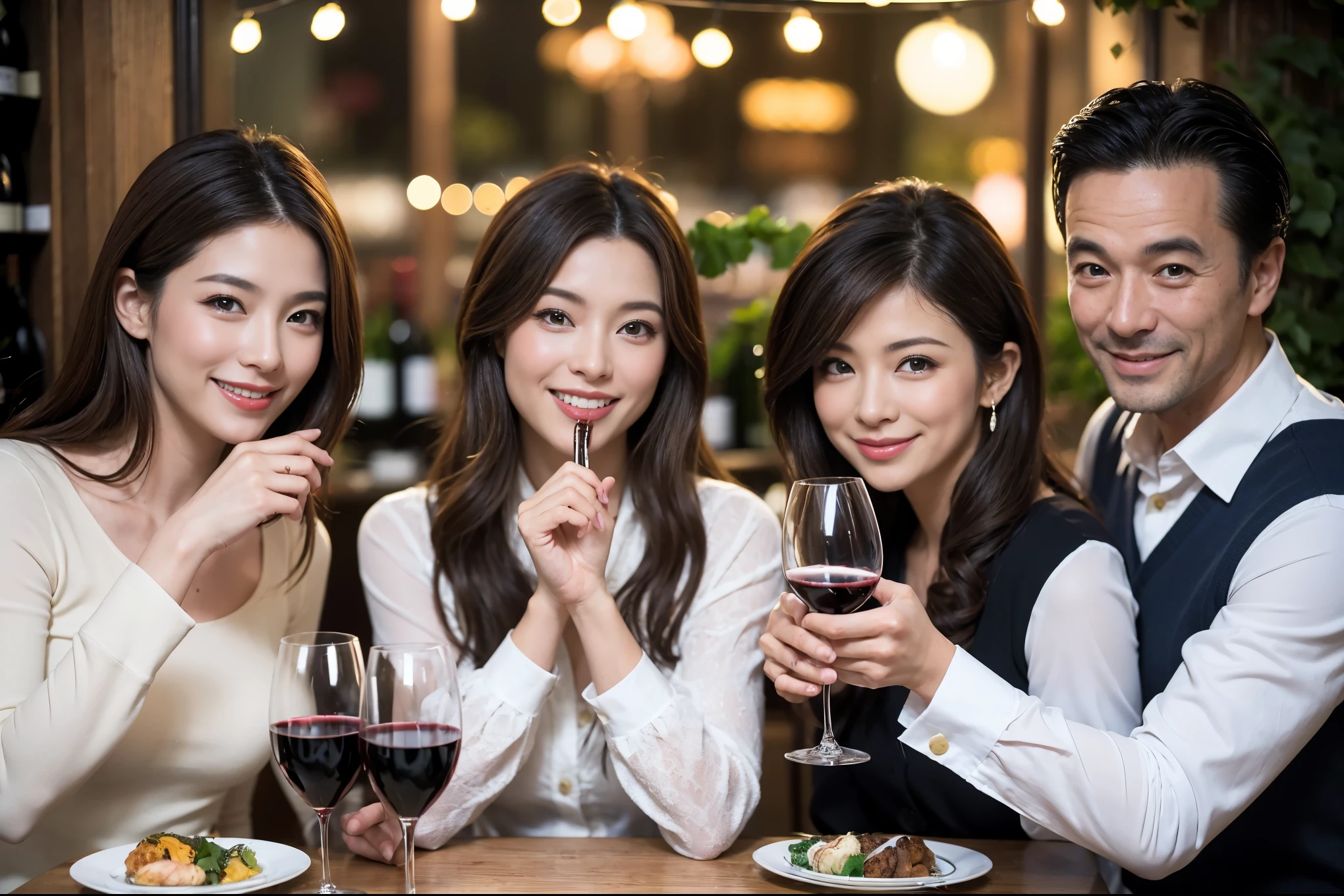 64k, UHD, highest quality, masterpiece: 1.2), (realistic, photorealistic: 1.37),やわらかなsmile、gentle expression、 Super detailed, celebration party、beauty、charm、beautiful mature woman、3 women who love wine、three men、Tokyo、Yokohama、champagne、sparkling wine、winter night、restaurantでワイン宴会、(slimな男女4名),(Wine party for 5 people)、(slimフェイス),Happy、 最高なsmile、Fox Face、Berry Short、(because I'thin), (brown hair), (shortcut), long sleeve shirt、winter fashion、Columbia、Brazilian、Japanese、Dutch、German、Portuguese、Belgian、Italian、french, (gushing), (slimボティ), (brown hair), (shortcut), 端正なbeauty、cheeks blush a little, (41 years old), 38 years old, 35 years old、32 years old、 A beautiful and detailed night view spreads out outside the window........., restaurant, wine glassが座っている, At night, in a prominent place (from the Upper body) nova frog style, actress, model, Upper body, White wine, slim, wine glass, Very beautiful night view, wine glass Put in the Middle, Happy smile, (smile: 1.15),