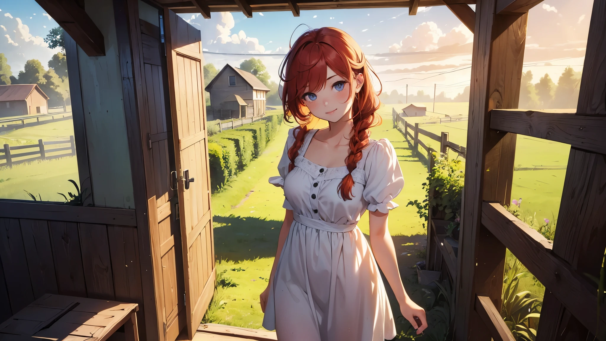 ((masterpiece,best quality,ultra detailed,ultra high res,detailed country yard background)), soft realistic focus, dynamic shadows, realistic image, vibrant colors,light leaks,dreamy atmosphere,chiaroscuro,BREAK
experimental charm, The girl is depicted in full growth, you see the girl from head to toe, nostalgic appeal, country girlfriend, she take you with yourself, simple open short dress, soft mischievous smile, freckles, shiny light red hair, she will take your hand, thick braids