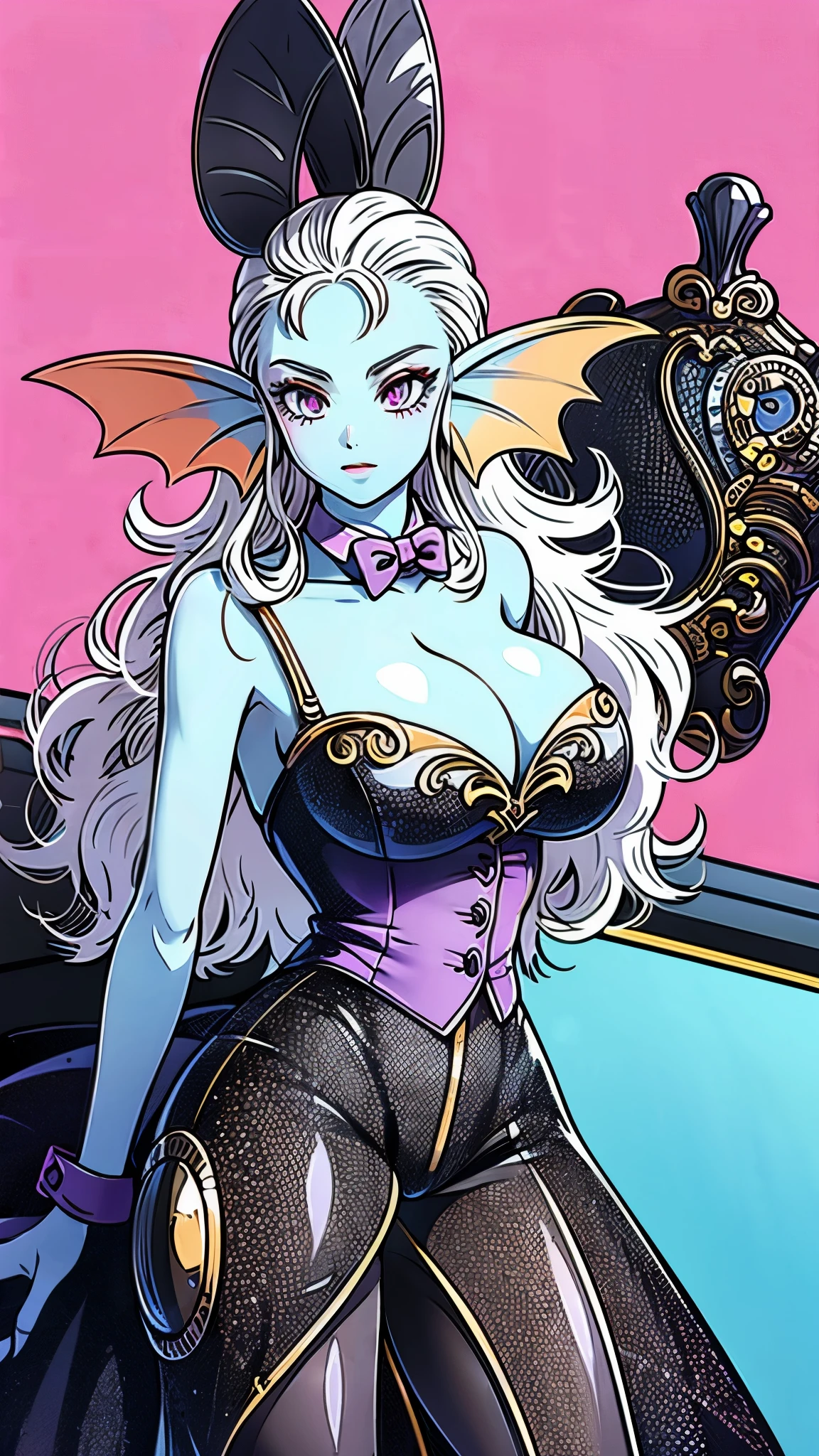 8K,high quality,married woman,beautiful,bright,eye highlights,sexy,erotic,beautiful line drawing,light blue skin,blue and orange gradient ear fins,bunny girl,bunny suit,net leg tights,big tits,big tits,big tits,hanging tits,light blue skin,white hair,purple eyes,glossyskin,shiny body,black dust bunny suit,pink background,heart mark on background,black dust bunny suit,pink background,sexy bondage outfit,blue skin,simple background,