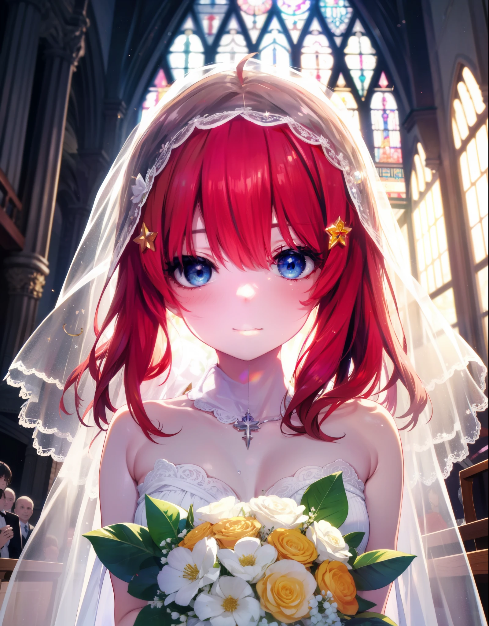 Nakano Satsuki, Itsuki Nakano, bangs, blue eyes, hair between eyes, Ahoge, redhead, star \(symbol\), hair ornaments, star hair ornaments,blush,smile,
Wedding dress,veil,bouquet,Throwing a bouquet,室内にThrowing a bouquet,
destroy indoors, church,destroy the chapel (masterpiece:1.2), highest quality, High resolution, unity 8k wallpaper, (figure:0.8), (beautiful and fine eyes:1.6), highly detailed face, perfect lighting, Very detailed CG, (perfect hands, perfect anatomy),