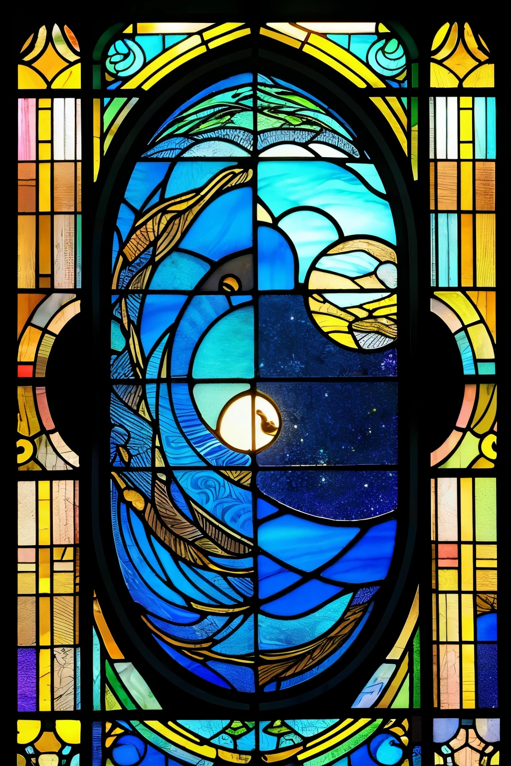 Stained glass with moon motif fine details High quality high resolution fantasy