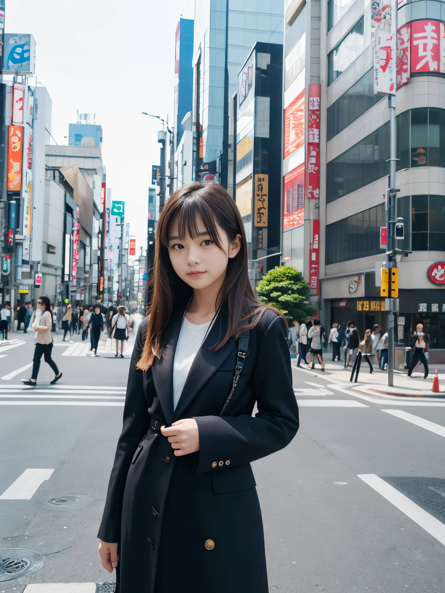 Photoreal, 8K full-length portrait, Beautiful woman, attractive look, Clear system, 16 years old, Tokyo, spring, Shibuya in the background