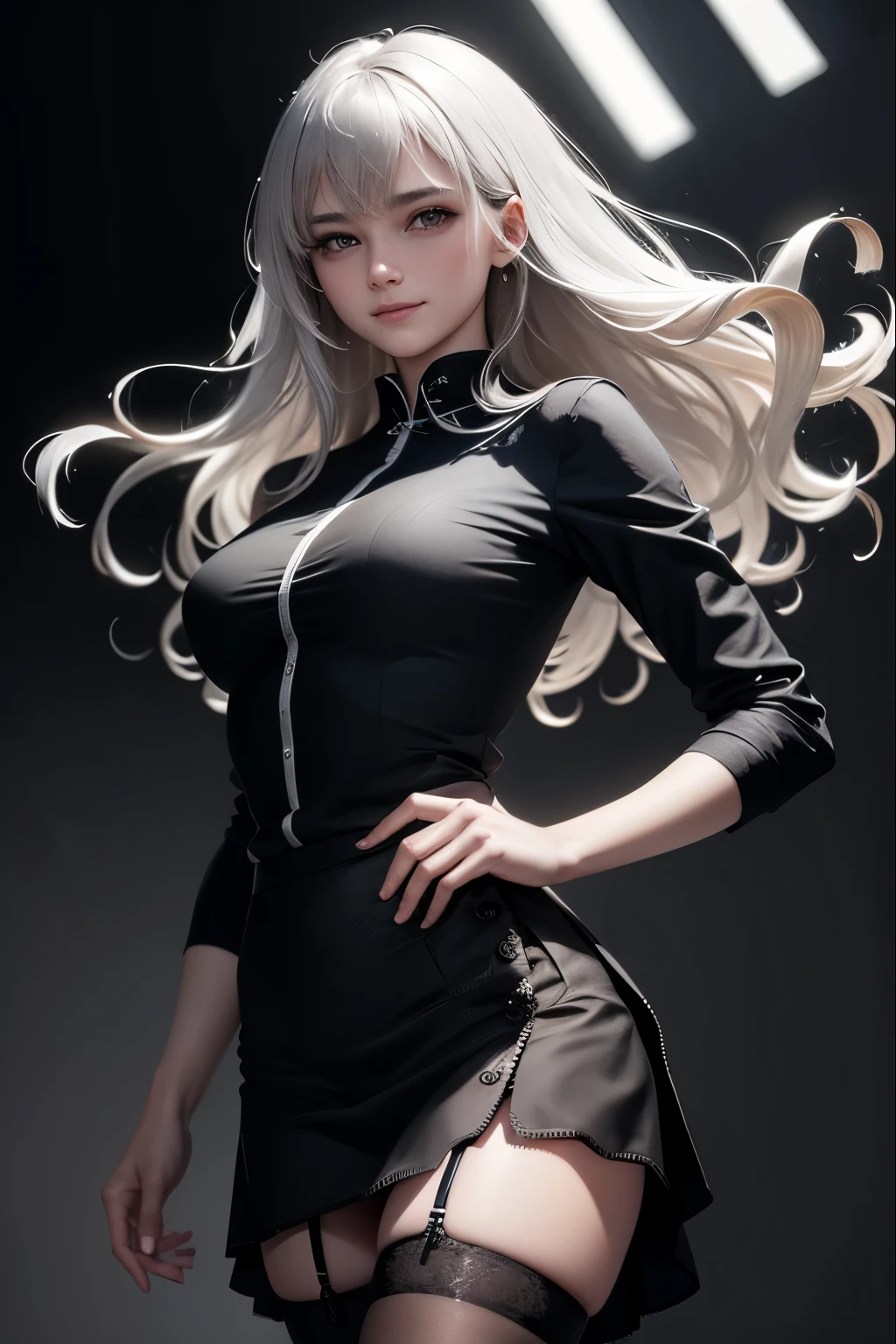 Best quality at best, realisticlying, ultra - detailed, finely detailled, A high resolution, 8k wallpaper, 1 Beautiful woman,, silver messy hair, Wear a black shirt, pleatedskirt, black lence stockings, tack sharp focus, Perfect dynamic composition, 美丽细致的眼睛, Delicate hair, Detailed and realistic skin texture, Smiling, , Model body type, Bend over