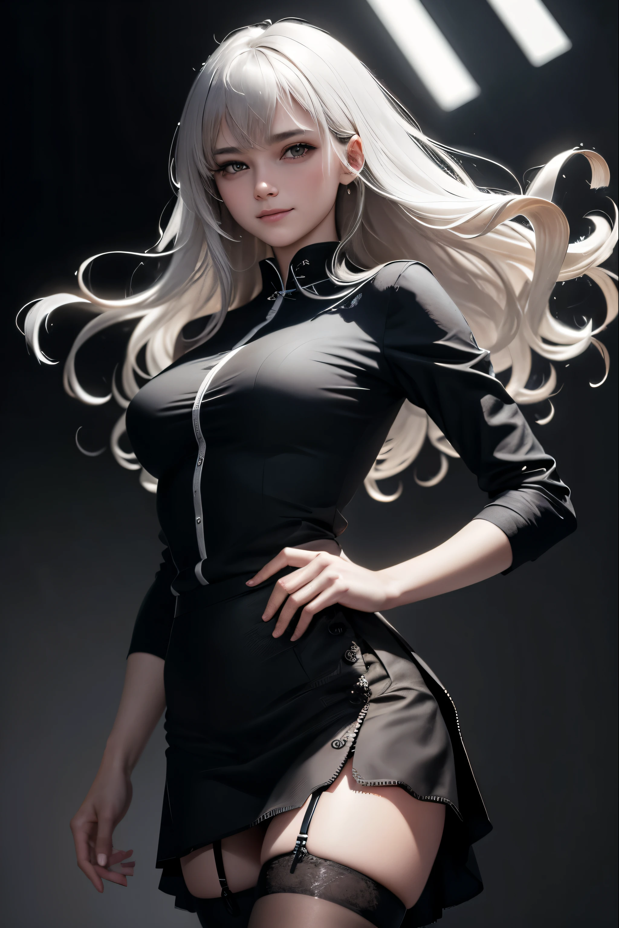 Best quality at best, realisticlying, ultra - detailed, finely detailled, A high resolution, 8k wallpaper, 1 Beautiful woman,, silver messy hair, Wear a black shirt, pleatedskirt,  black lence stockings, tack sharp focus, Perfect dynamic composition, 美丽细致的眼睛, Delicate hair, Detailed and realistic skin texture, Smiling, , Model body type, Bend over