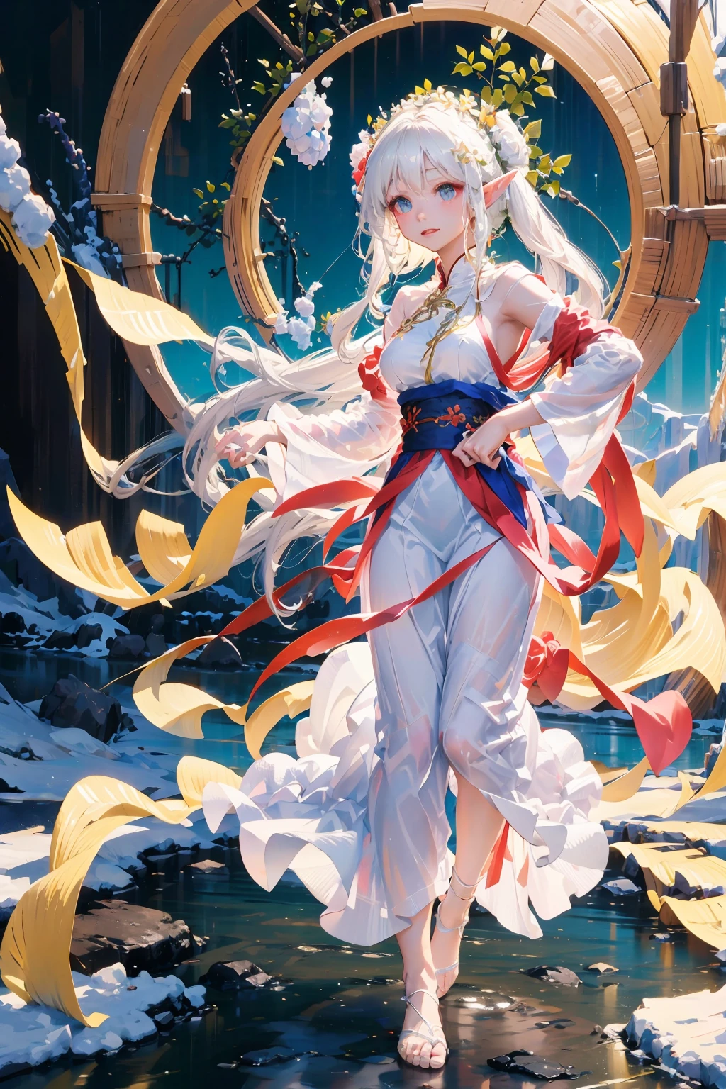 wearing white shirt、White long-haired anime girl wearing a flower crown, snow scene，A beautiful anime portrait,masterpiece， a girl， cloud女孩， cloud，  rich and colorful， transparent body，sparkling，Full body female love，long skirt，white top，绿色long skirt，transparent clothes，Elven Wings，Red streamer，big breast