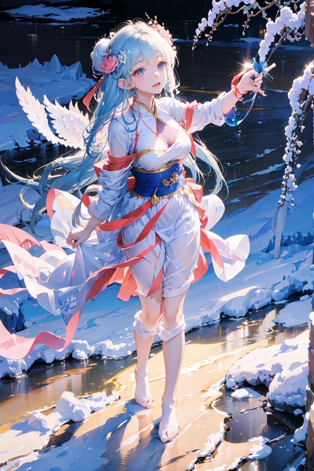 wearing white shirt、White long-haired anime girl wearing a flower crown, snow scene，A beautiful anime portrait,masterpiece， a girl， cloud女孩， cloud，  rich and colorful， transparent body，sparkling，Full body female love，long skirt，white top，绿色long skirt，transparent clothes，Elven Wings，Red streamer，big breast