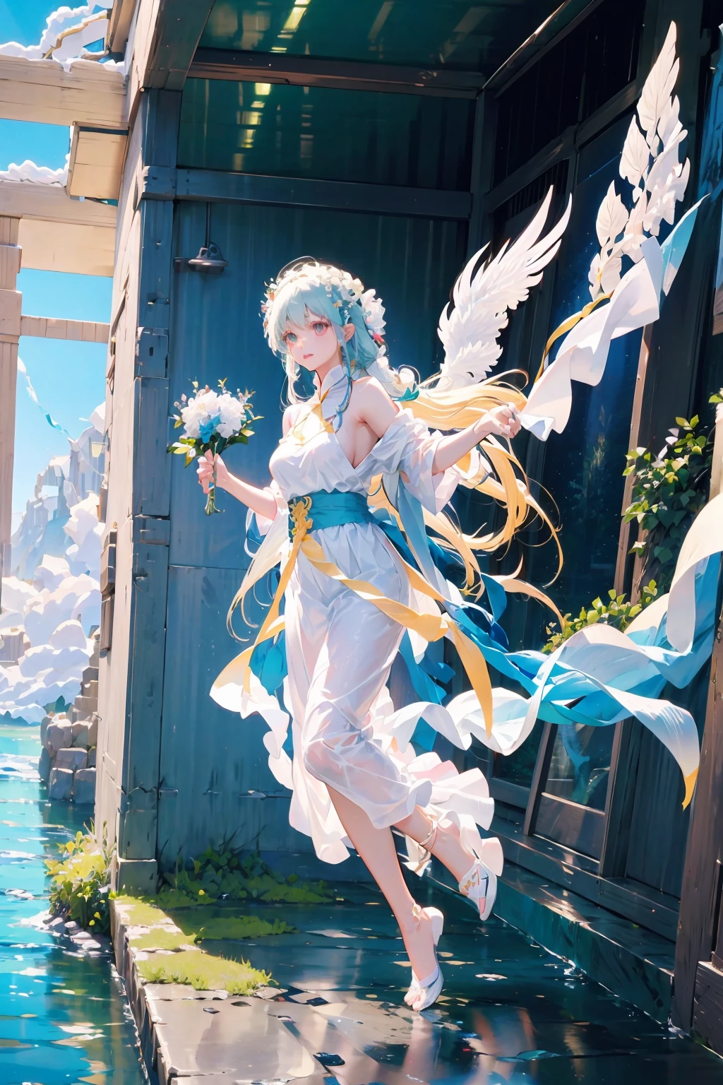 wearing white shirt、White long-haired anime girl wearing a flower crown, snow scene，A beautiful anime portrait,masterpiece， a girl， cloud女孩， cloud，  rich and colorful， transparent body，sparkling，Full body female love，long skirt，white top，绿色long skirt，transparent clothes，Elven Wings，Red streamer，big breast