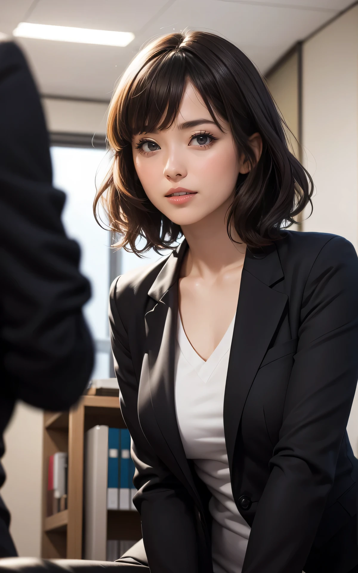 absurderes:2.0、(Blushing、from below:1.3、smile、very short hair, wavy hair, blunt bangs)、japanese actress、cowboy shot、solo, 25 year old woman、realistic, Unity 8K Wallpaper, Masterpiece, Realistic face, Realistic skin feeling ,detailed hair, highly detailed, realistic glistening skin, light makeup, ((suit:1.3、curvy, black eyes、))、(In the modern office at Japan:1.2)、
