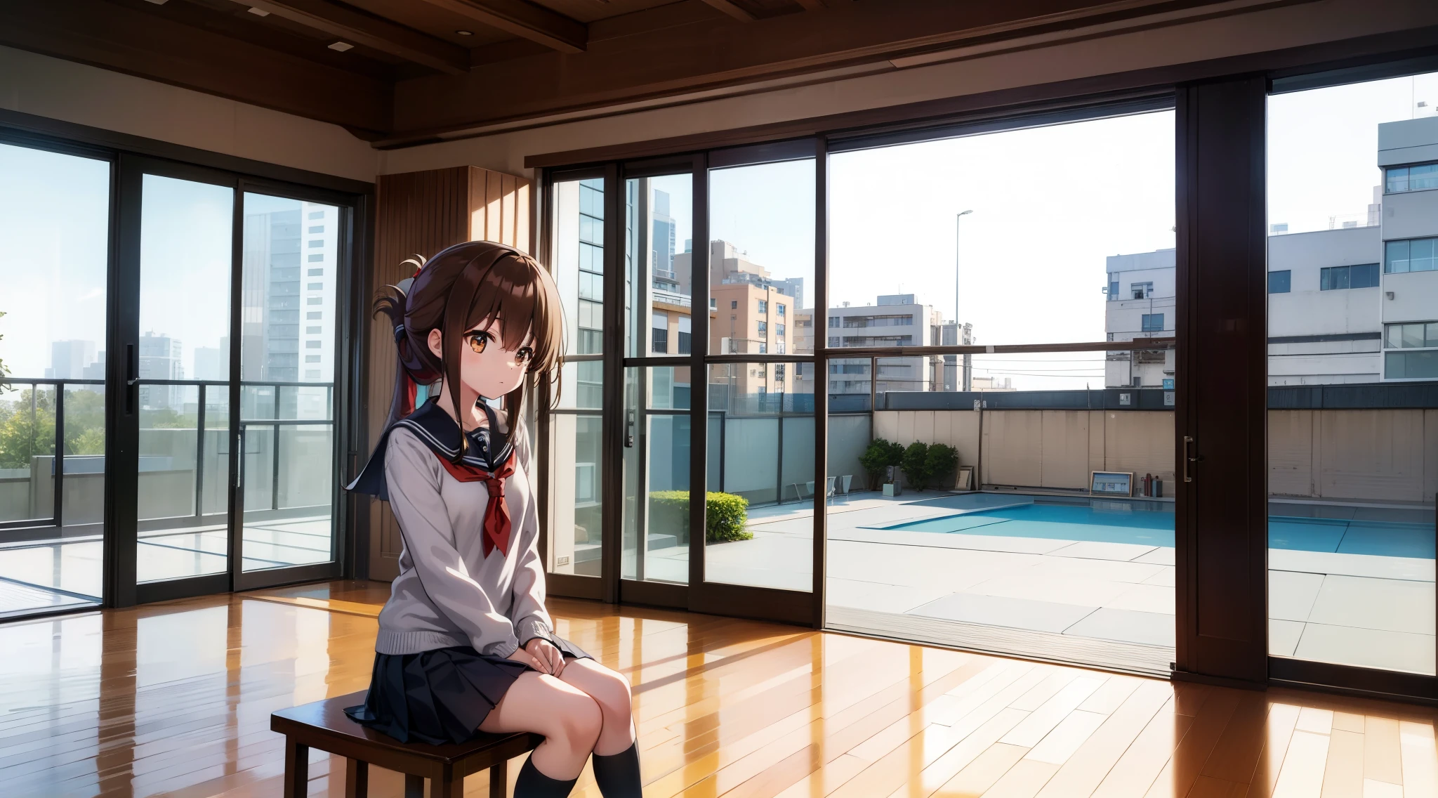 gymnasium with windows,center image,Detailed photos,single building,frontage,modern gymnasium,Architecture concepts,Entire building,Sports facilities,actual sina,I am sitting on the floor of the school gymnasium and observing classes because I am not feeling well.,(masterpiece, best quality:1.2),illustration,8k,hd,1girl,solo,upper body,(portrait:1.2),brown_hair,folded_ponytail,brown_eyes,serafuku,long_hair,school_uniform,skirt,pleated_skirt,