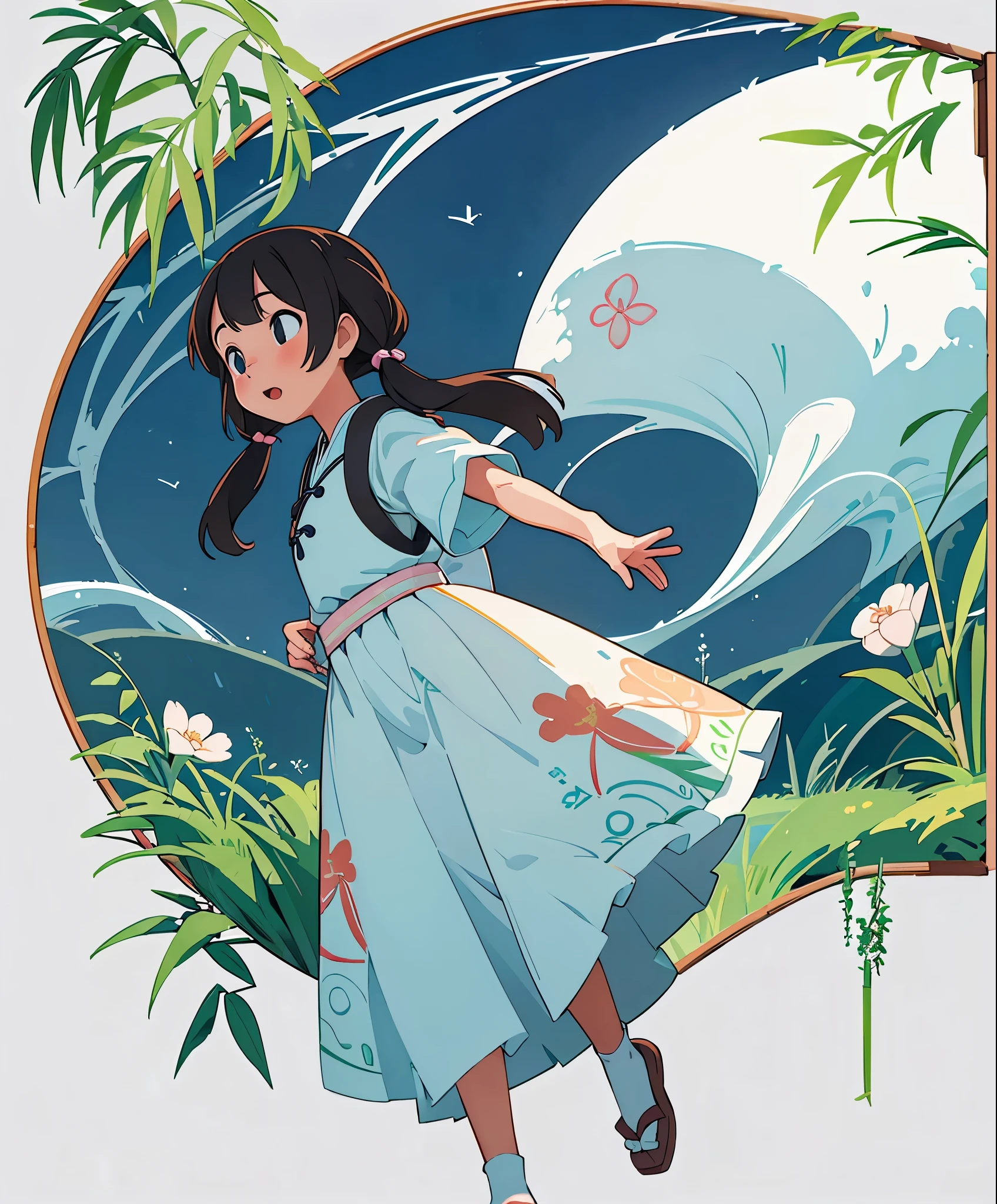 (masterpiece、highest quality、highest quality、official art、beautiful beautiful:1.2)、(1 girl:1.3)Hatsune Miku、beautiful breasts、twin tails、adorable笑顔、very detailed、16 year old girl,Waving loudly with a remote island in the background,Summery white dress,1sticker，handbook，（sticker，1 girl，Ming Dynasty Chinese clothes，Gorgeous collared top，pleated long skirt，Hanfu，embroidery，hairpin，bamboo，moss，pavilion）， watercolor，white background， simple back gown， cent， adorable， small， pastel colour， vector style， Not graded，background classical chinese style
