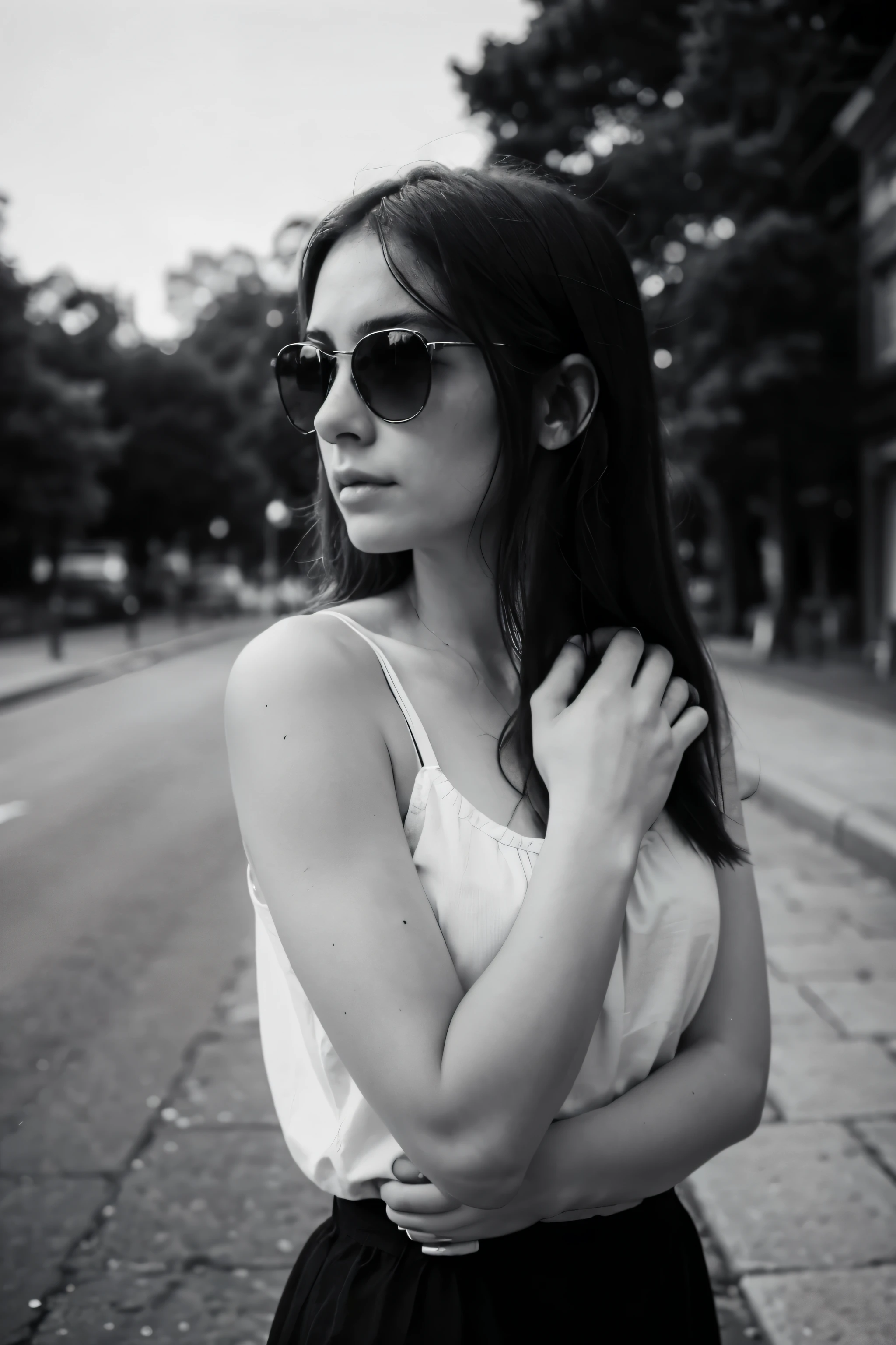 A solitary Stylish figure girl 18-25 age with sunglasses Melancholic and with a look of sadness, her hand resting on her arm as she gazes into the distance, lost in thought. The image is rendered in a stark, black and white style, emphasizing the girl's isolation and introspection.