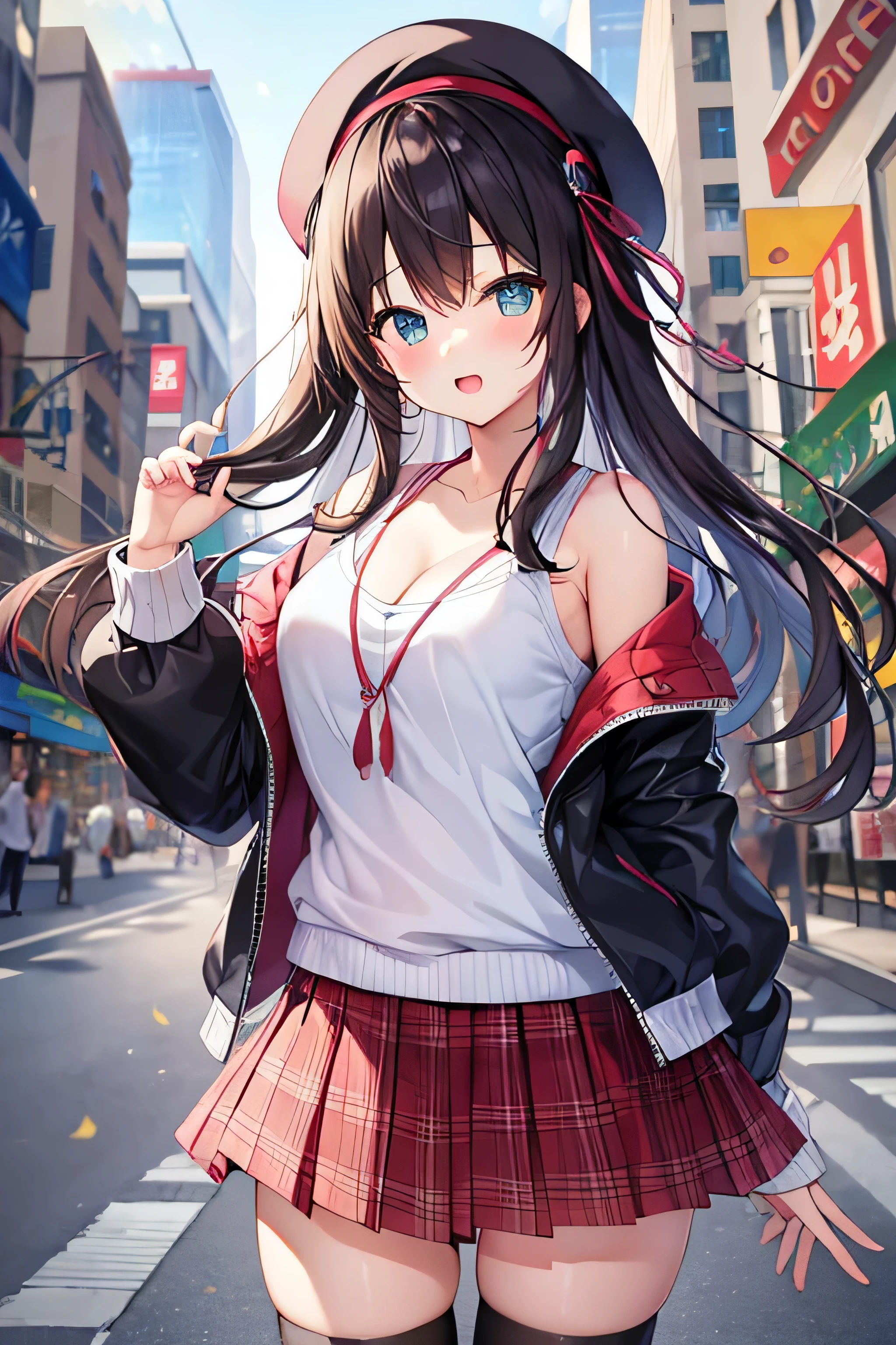 masterpiece、Highest image quality、ultra high resolution、Hatsune Miku、twin tails、red face、shyly、mock、Please open your mouth just a little、Short sleeve casual clothes that show cleavage、casual miniskirt、thigh high socks、girl wearing a beret、Skyscraper、outdoor