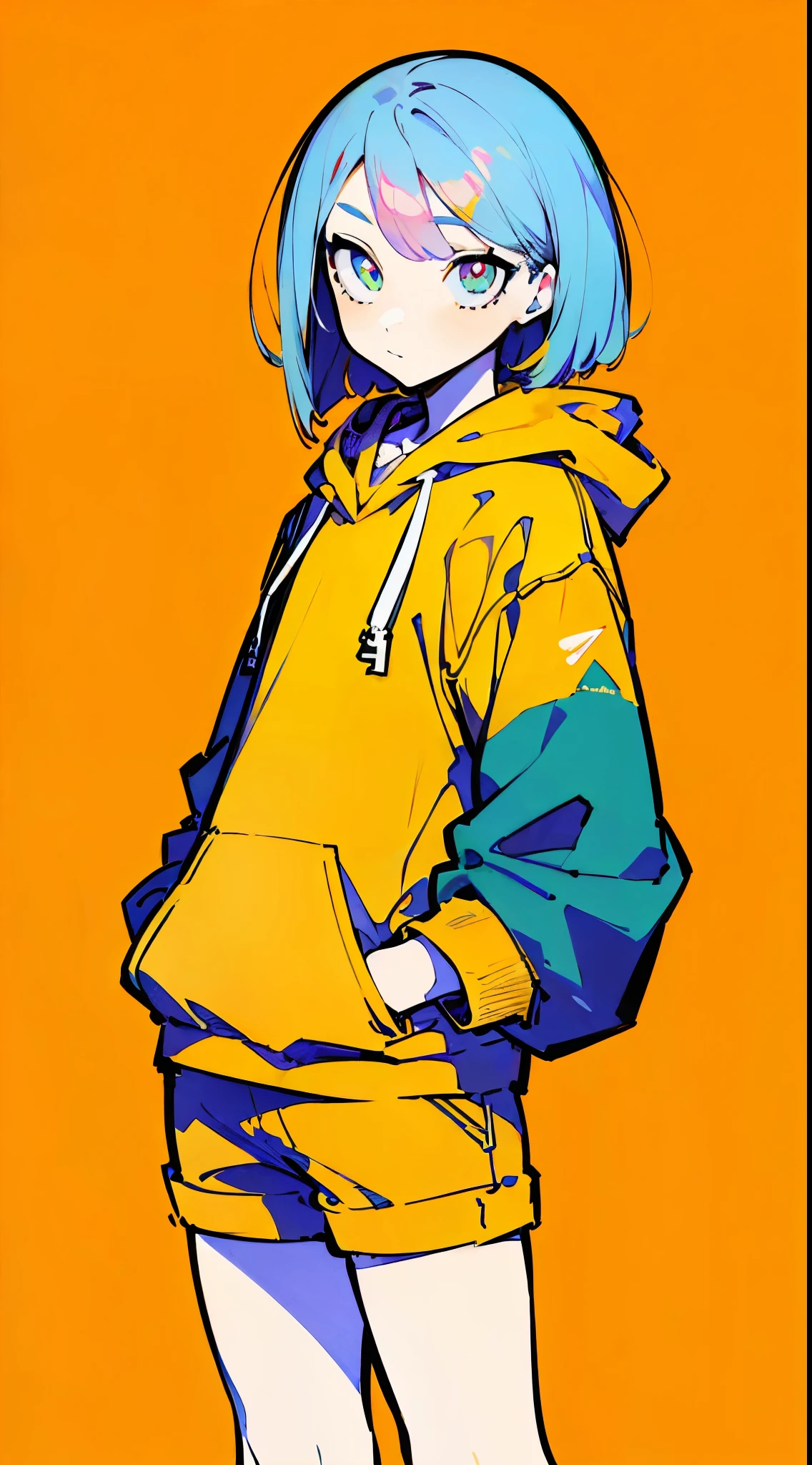 (masterpiece, highest quality:1.6), alone, thick outline, (pastel, simple background, light orange background, monochrome, light orange theme:1.2), official art, Key Visual, 8K, disorganized, whole body, (unique hair, oversized hoodie, hot pants, arch back, short torso:1.2), belly button, thighs, cowboy shot, HDR, sharp focus, High resolution, most detailed, very detailed, Super detailed, finely, detailed eyes and face, sharp pupils, realistic student, solo, orange and white contrast, solo, hands in pockets