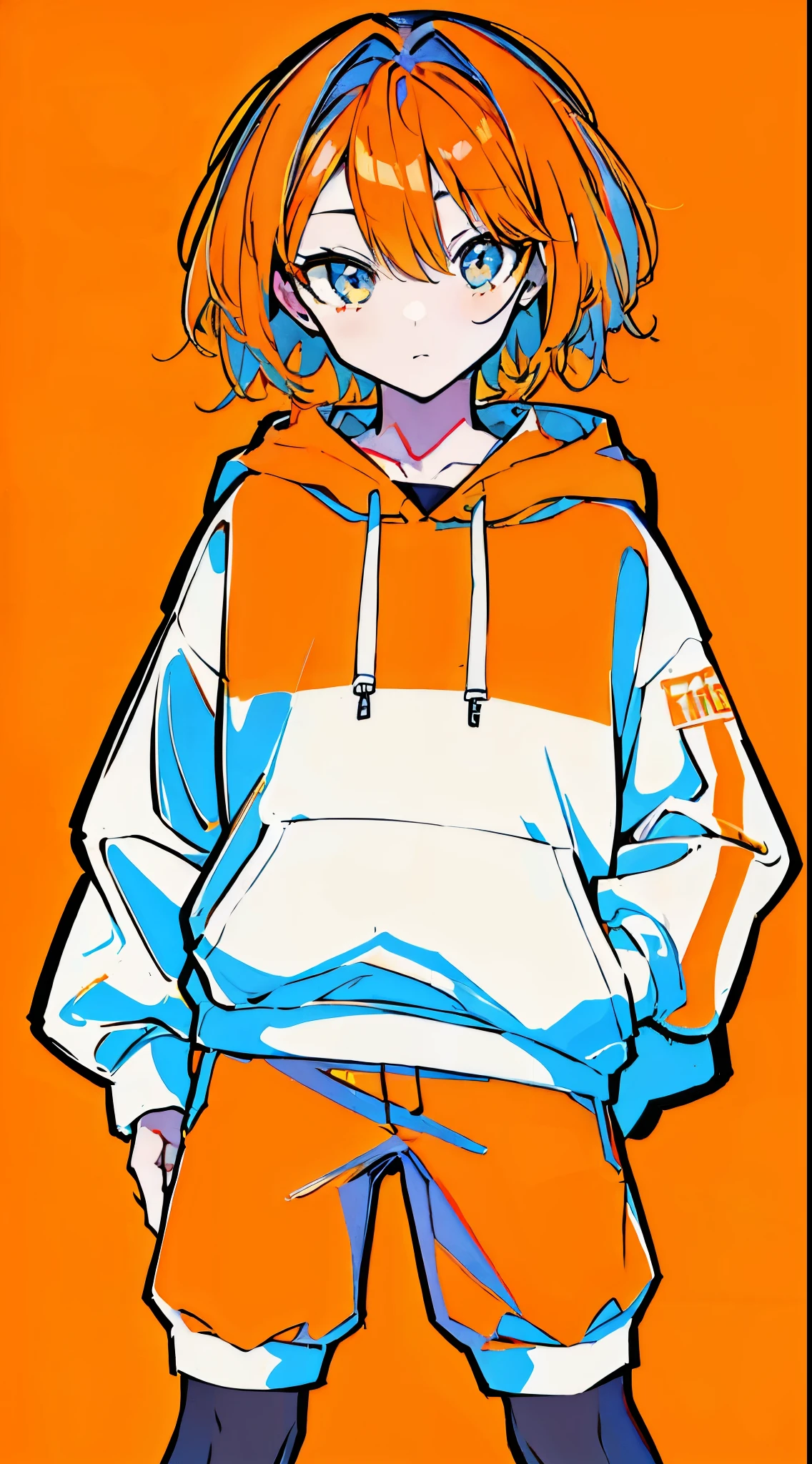 (masterpiece, highest quality:1.6), alone, thick outline, (pastel, simple background, light orange background, monochrome, light orange theme:1.2), official art, Key Visual, 8K, disorganized, whole body, (unique hair, oversized hoodie, hot pants, arch back, short torso:1.2), belly button, thighs, cowboy shot, HDR, sharp focus, High resolution, most detailed, very detailed, Super detailed, finely, detailed eyes and face, sharp pupils, realistic student, solo, orange and white contrast, solo, hands in pockets