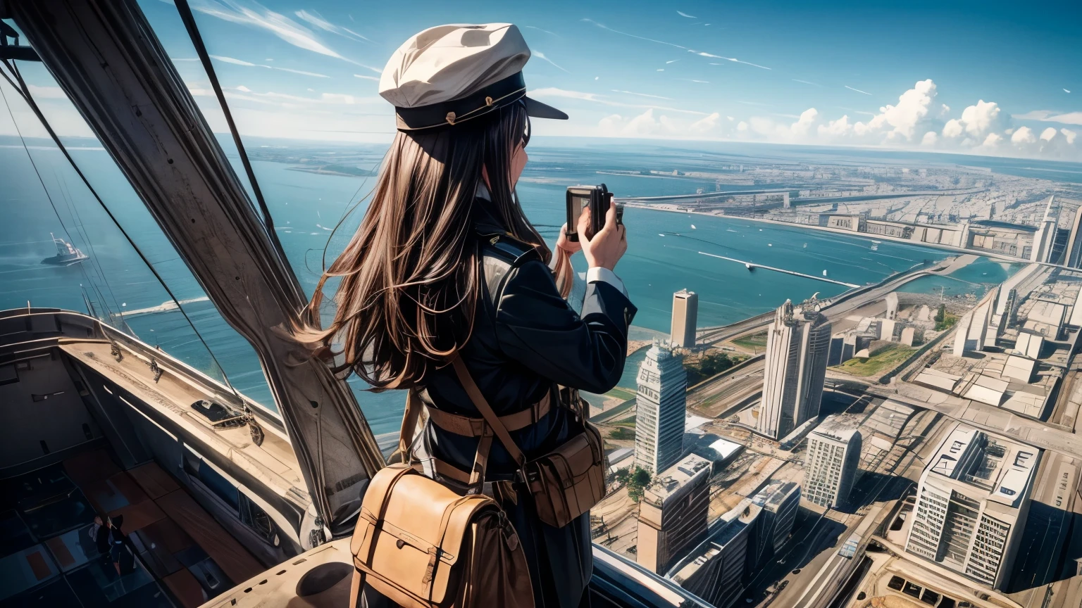 People looking at a whole city from above while from an airship