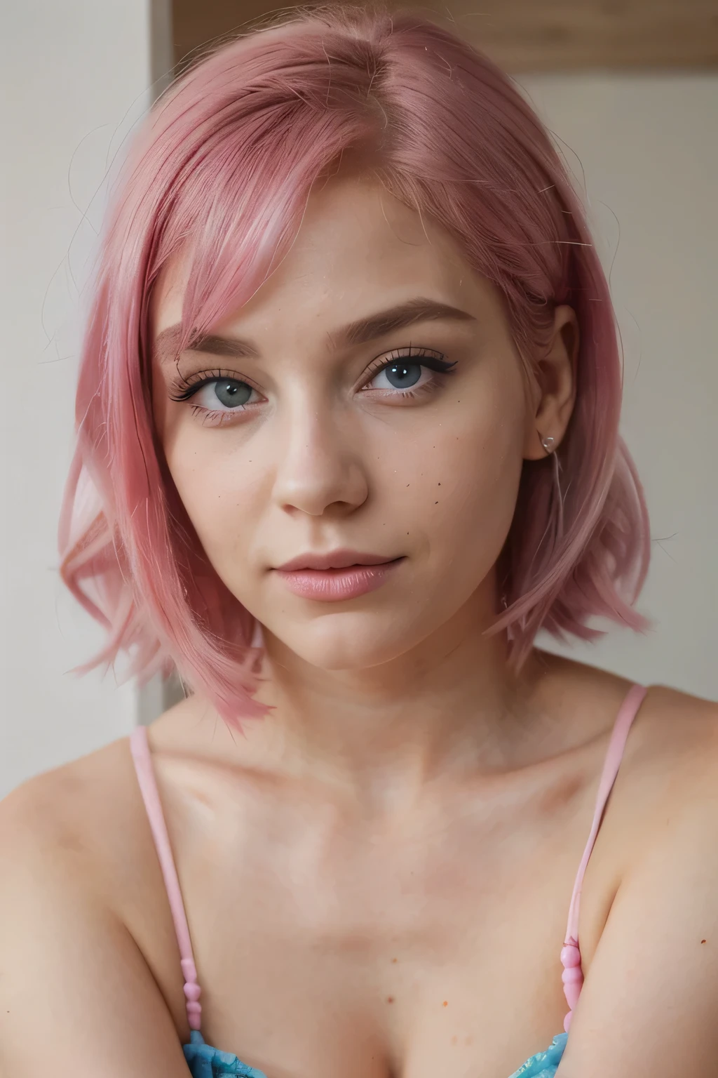 beautiful girl face with pink hairs and blue eyes