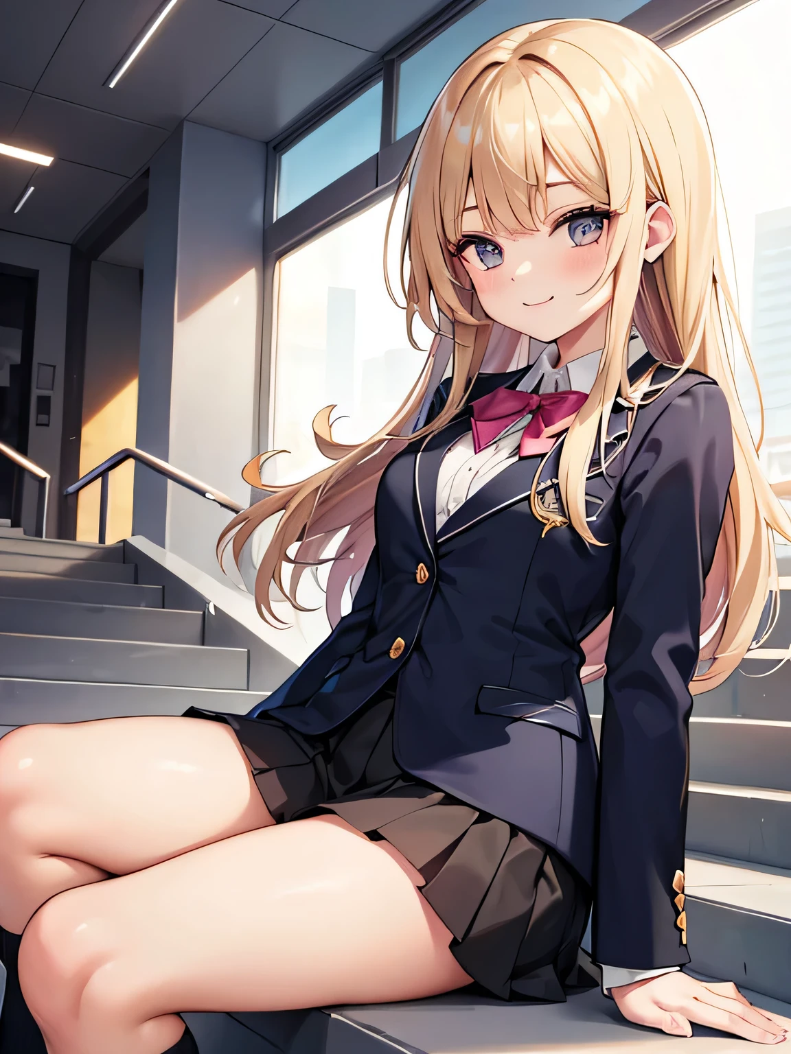 (1) Peeking at the panties from under the back of a girl climbing the stairs.
(2) her skirt is too short、Her pink lace panties are almost visible..
(3) She is wearing a uniform of a blazer, miniskirt, and loose socks..
(4) she has long blonde hair.
(5) Her expression is turned back and smiling.
(6) I'm a gal, so I wear makeup like a gal..
(7) The location is the stairs of the station.