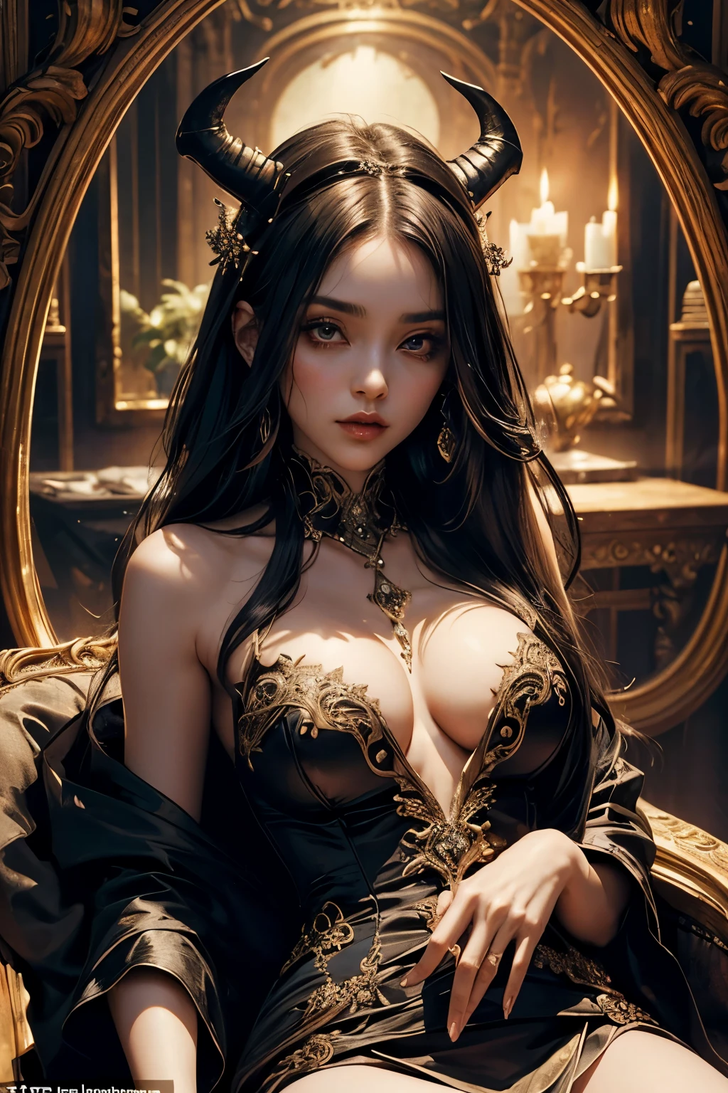 Immerse yourself in the mesmerizing world of this beautiful painting featuring a perfect female Succubus. With a slender figure and ample bosom, she exudes a captivating allure. Her shapeless long hair cascades down her back, adding to her ethereal charm. Her features are flawlessly sculpted, and atop her head sit small horns, hinting at her otherworldly nature.
Dressed in an extremely baroque revealing dress, the Succubus takes center stage in this composition. The camera zooms in on her upper body, creating a powerful cowboy shot that intensifies the connection between the viewer and the subject. Her gaze is directed straight towards the camera, captivating our attention with an intense and alluring stare.
The artwork