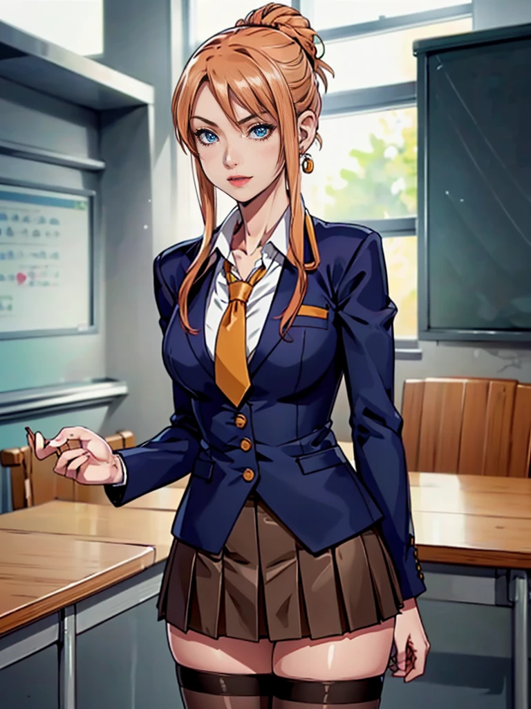 (((austere, Reina Morimoto, morimoto_reina, (blue eyes, hair bun, high bun of hair), (dark pink lisptick)), (model, muse, goddess, stunning, seductive), (((classroom background, high school student, school uniform, necktie, jacket, blazer,long sleeves, skirt,pleated skirt,thighhighs, fumizuki academy school uniform))), (1girl, solo, Reina Morimoto, morimoto_reina, (blue eyes, hair bun, high bun of hair), lipstick, gold earrings)), mole on the face, sensual pose, Beautiful
