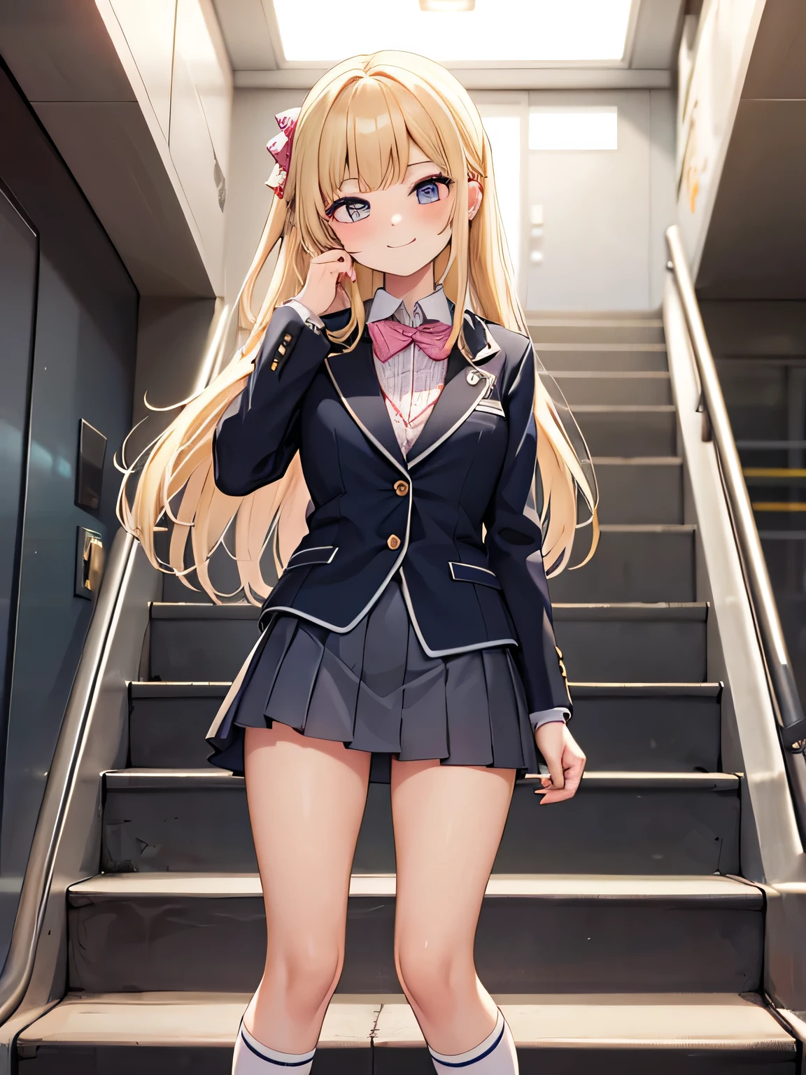 (1) Peeking at the panties from under the back of a girl climbing the stairs.
(2) her skirt is too short、Her pink lace panties are almost visible..
(3) She is wearing a uniform of a blazer, miniskirt, and loose socks..
(4) she has long blonde hair.
(5) Her expression is turned back and smiling.
(6) I&#39;m a gal, so I wear makeup like a gal..
(7) The location is the stairs of the station.