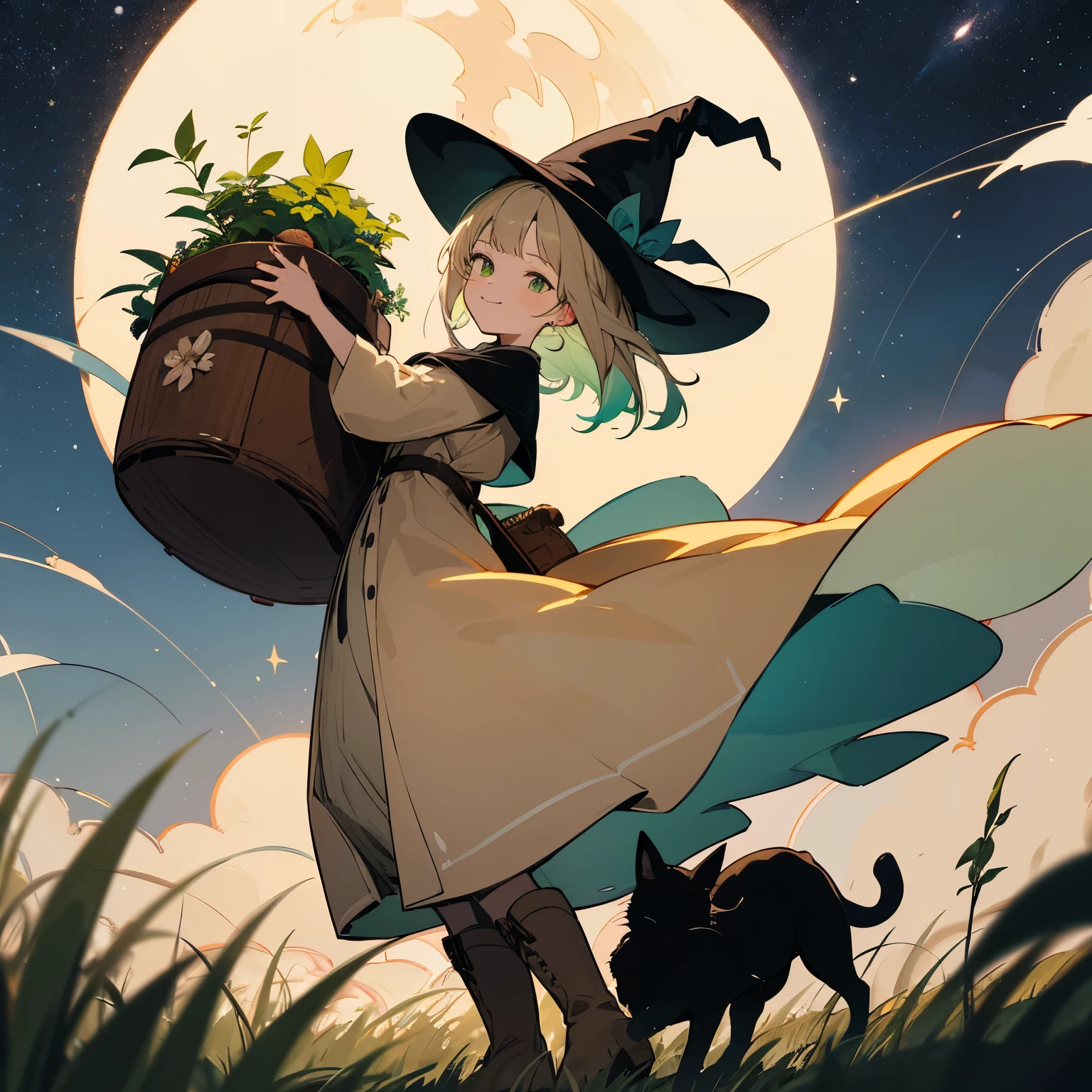 color々A witch around 25 years old carrying a large basket filled with medicinal herbs.. 、beige dress、黒colorのマント、 dark brown long boots、 green eyes、 smile 、Bluestone Pendant、night、 starry sky、 moon、buddy black cat、 grassland 、colorとりどりの花々