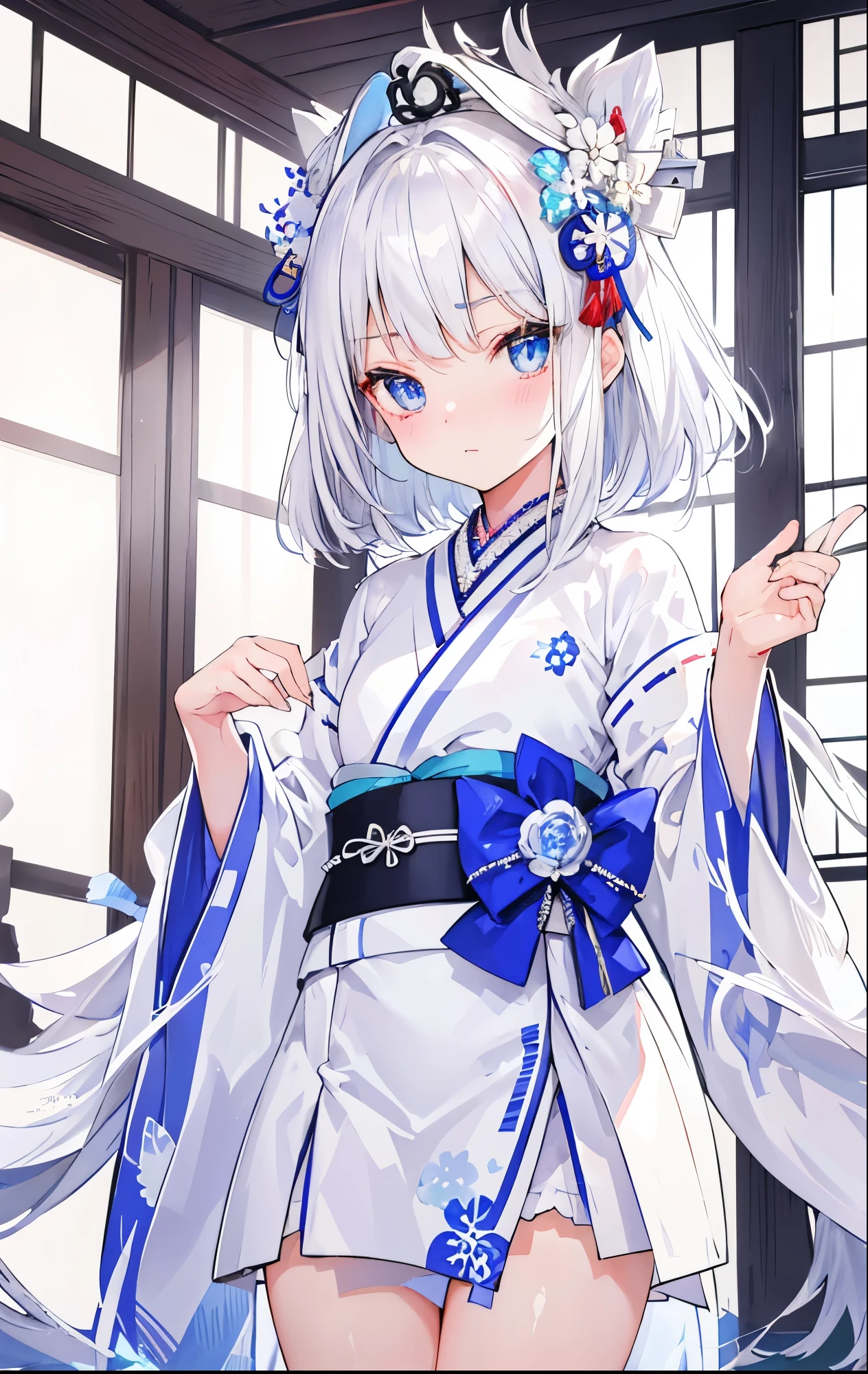 Silver-white hair,pupil,very stunning,Petite and cute little sweet girl,White blue Japanese kimono soft and waxy texture,Super cute
