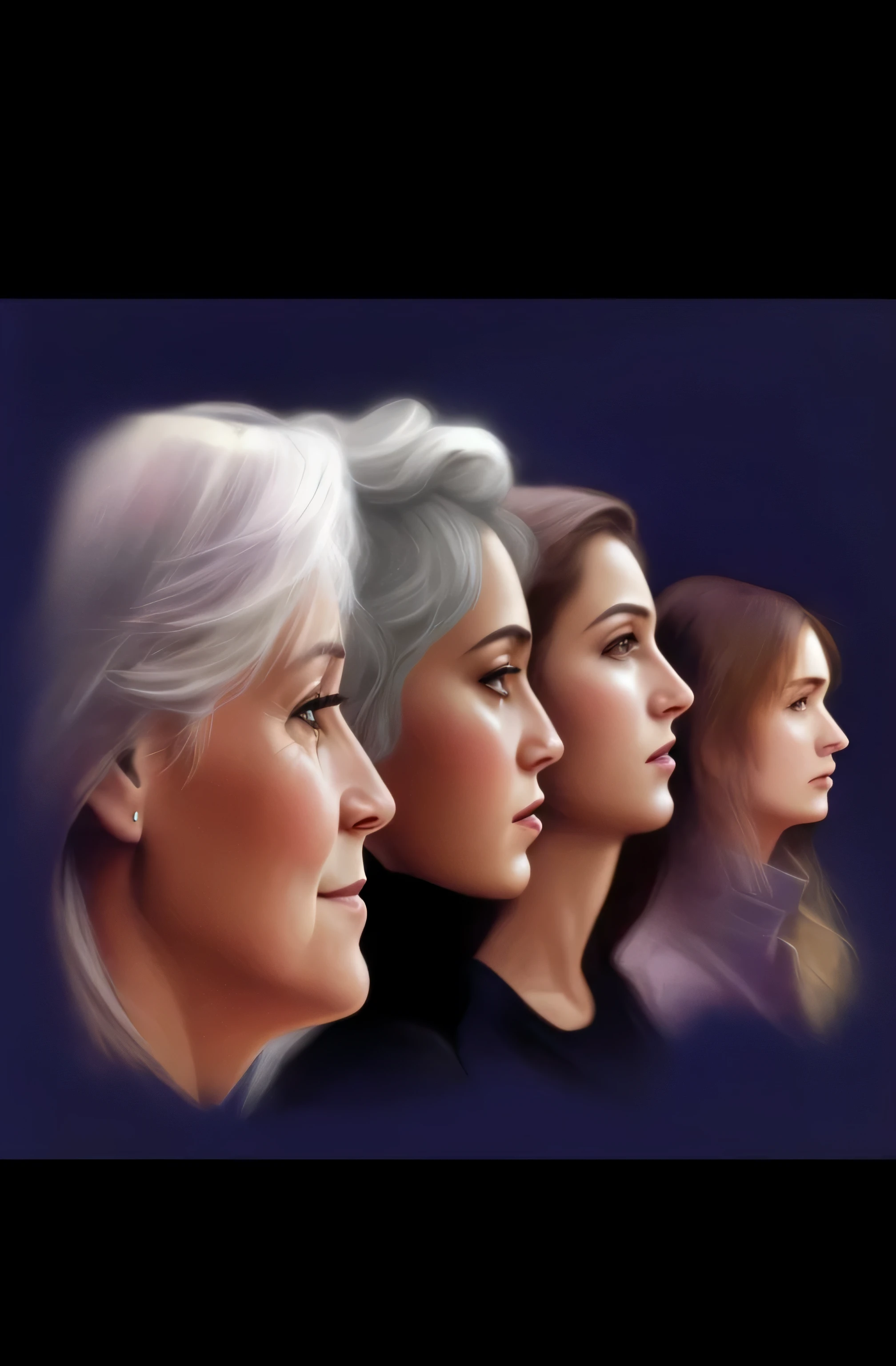 there are four women in a line with one woman looking at the camera, Triad of Muses, envelhecimento, ancestrais, Three women, arte de perfil lateral, arte digital, rostos femininos, retrato colorido, imagens de retrato lateral, mayorly, mayor, mulheres jovens, 3 / 4 visualizar retrato, mulheres bonitas, posando de perfil, foto de uma linda, transformation portrait, pose de perfil