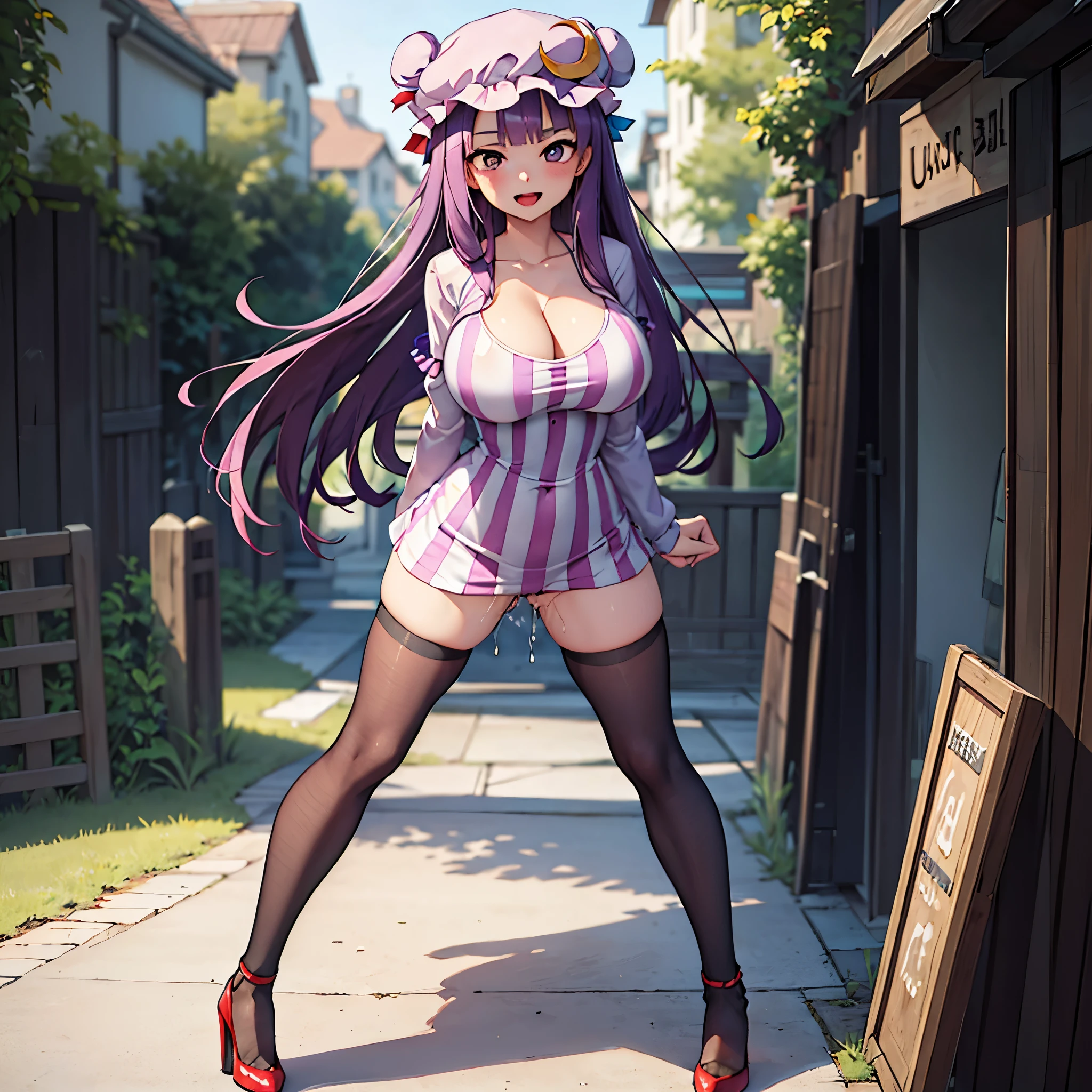 (Patchouli toho character:1.2), (standing at lakeside forest), outside, (standing with open legs wide:1.6), (thin arms behind back:1.3), (bending back:1.2), tiptoe, (pigeon toed), BREAK, (disproportionately gigantic huge perky breasts:1.4), cleavage, bouncing breasts, inconceivably thin waist, very short thin torso, (thin long legs apart:1.3), BREAK, very short miniskirt, thigh gap, (black thighhighs:1.2), highheels, BREAK, smile for viewer, open mouth, nose blush, full body, (excessive pussy juice dripping between legs:1.4), orgasm