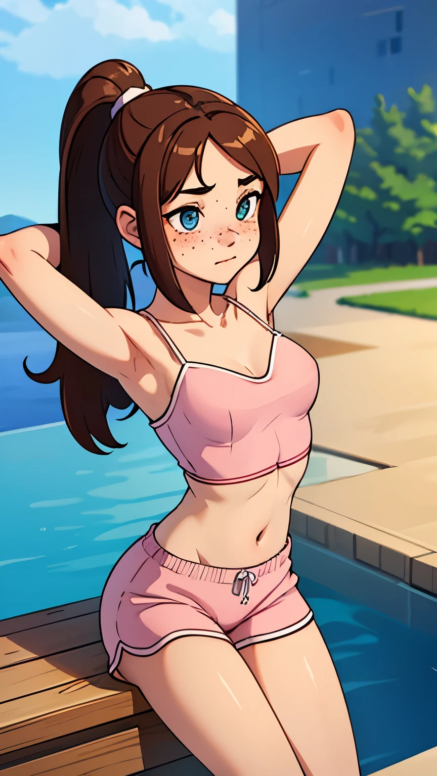1girl, 1girl, solo, long hair, breasts, brown hair, hair ornament, twintails, brown eyes, small breasts, lips, hair bobbles, micro_bikini, pool,