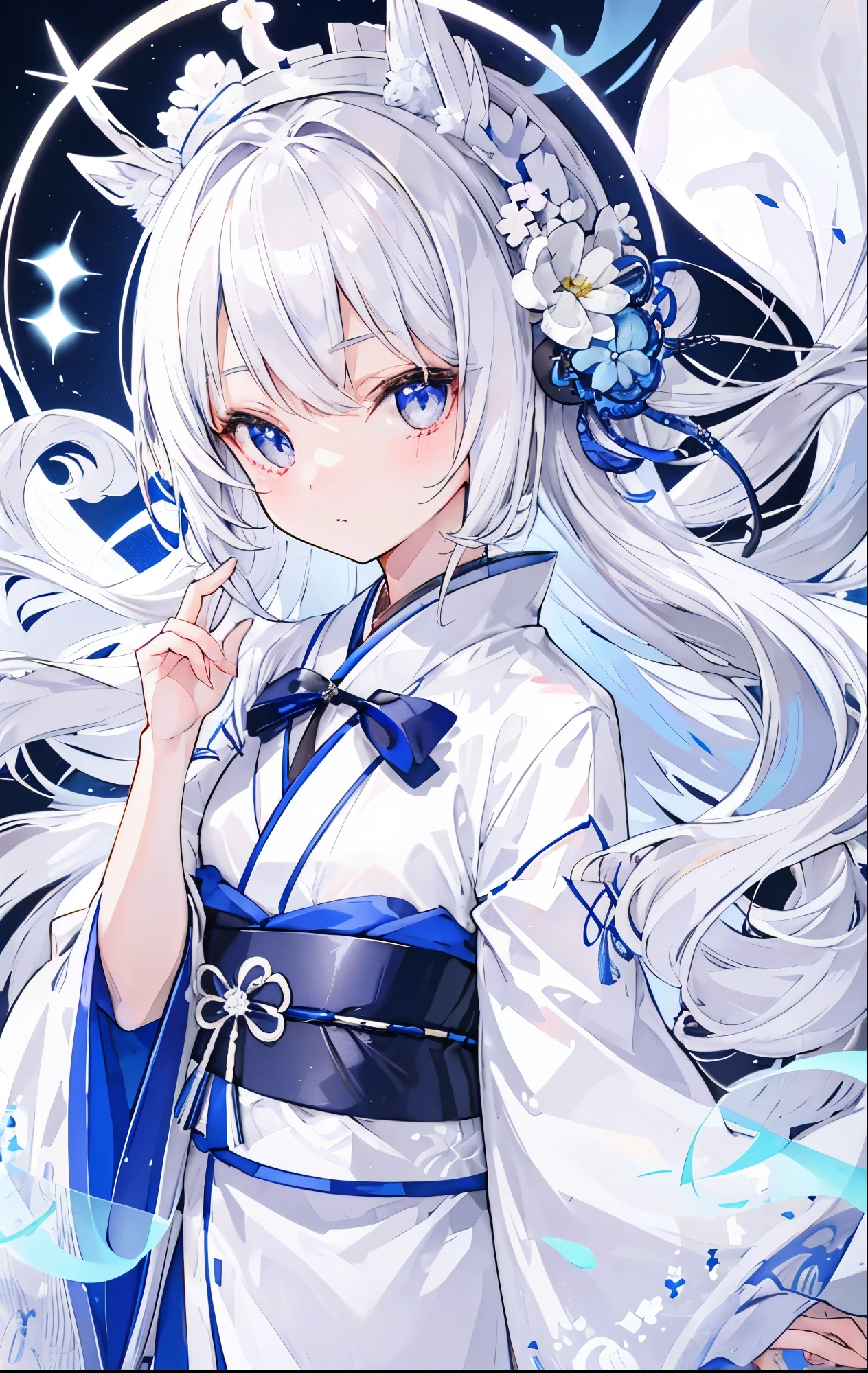 Silver-white hair,pupil,very stunning,Petite and cute little sweet girl,White blue Japanese kimono soft and waxy texture,Super cute