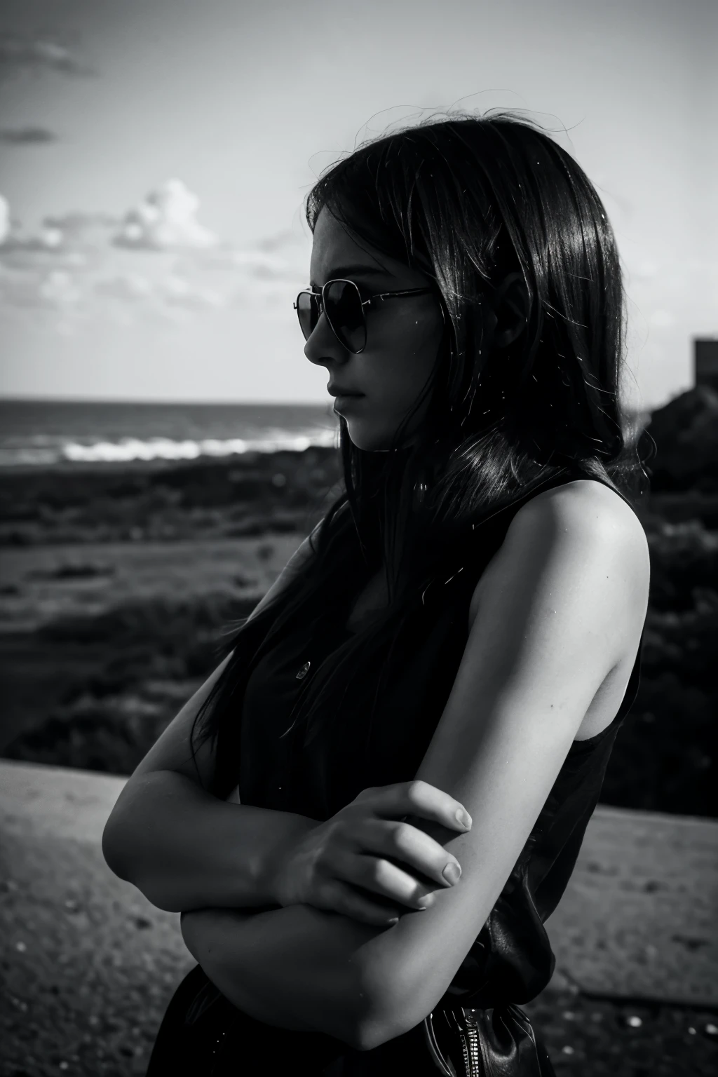 distance from view, A solitary Stylish figure girl 18-25 age with sunglasses Melancholic and with a look of sadness, her hand resting on her arm as she gazes into the distance, lost in thought. The image is rendered in a stark, black and white style, emphasizing the girl's isolation and introspection.