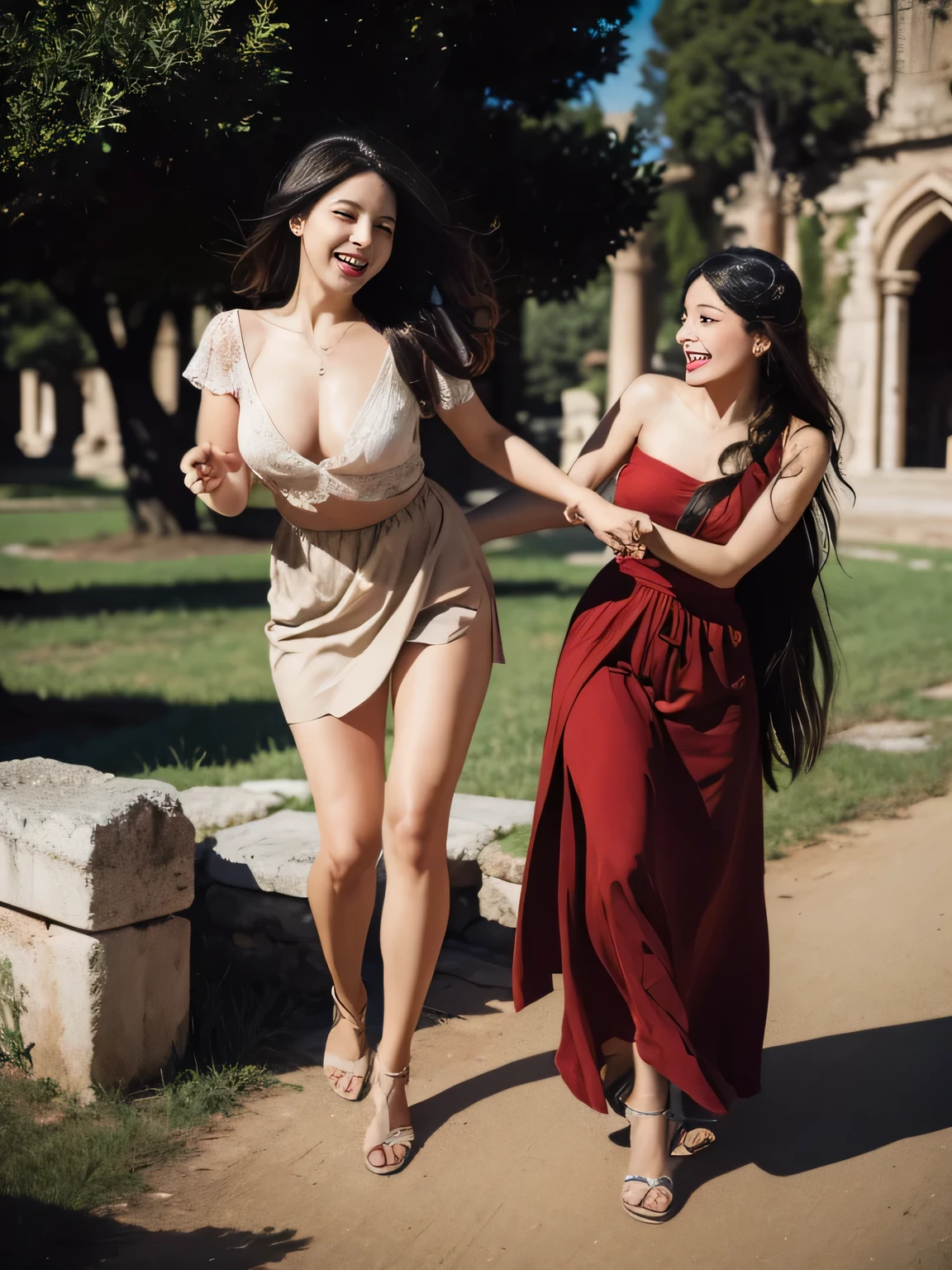 full body portrait,ancient roman ruins,Poussin-style landscape,laughter,,Sweet and seductive appearance.、Caravaggio's paintings、Chiaroscuro of Caravaggio、hair tousled by the wind,Two women frolicking,cute smile, expression of ecstasy,Sexy,erotic
