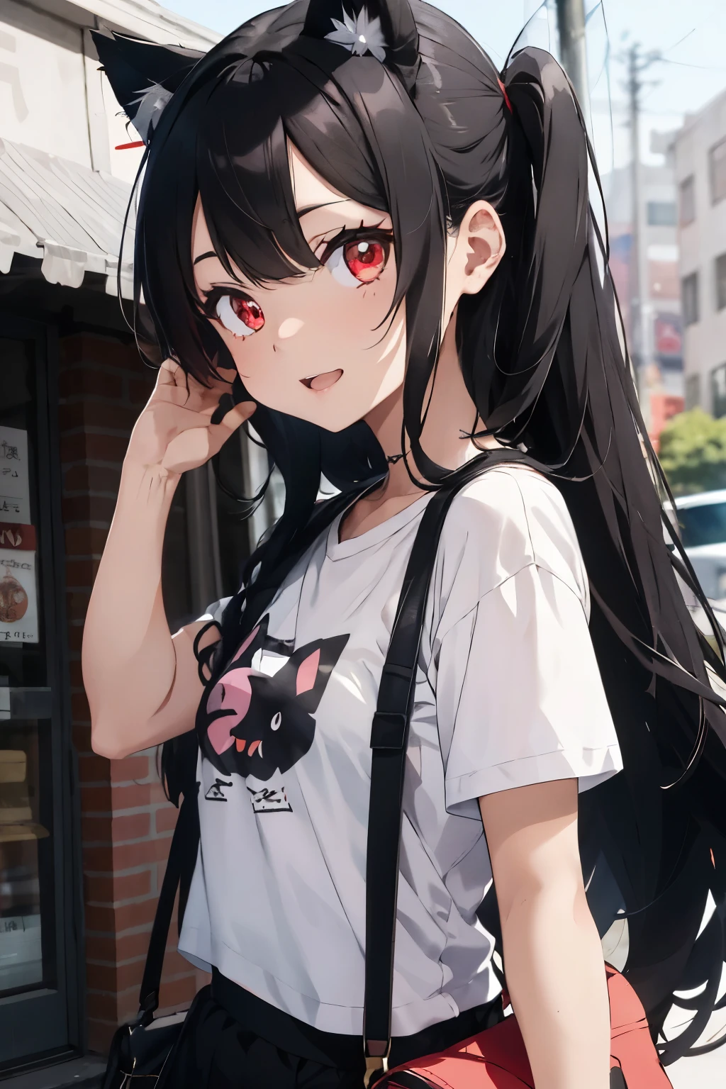 Anime girl with long, sleek black hair adorned with vibrant red strands cascading down her shoulders. She stands proudly, wearing a black T-shirt embellished with a captivating skull pattern, perfectly showcasing her edgy style. Her striking red eyes sparkle with intensity, accentuating her alluring charm. To enhance her unique allure, a pair of adorable cat ears adorns her head, adding a touch of playfulness to her captivating persona. 

Positioned behind her on the right, a delightful pink-haired anime girl captures attention with her bubbly presence. She dons a crisp white T-shirt paired with adorable pink shorts that perfectly showcase her youthful energy. Clutching a bag close to her side, she radiates excitement, her cheeks adorned with an undeniable