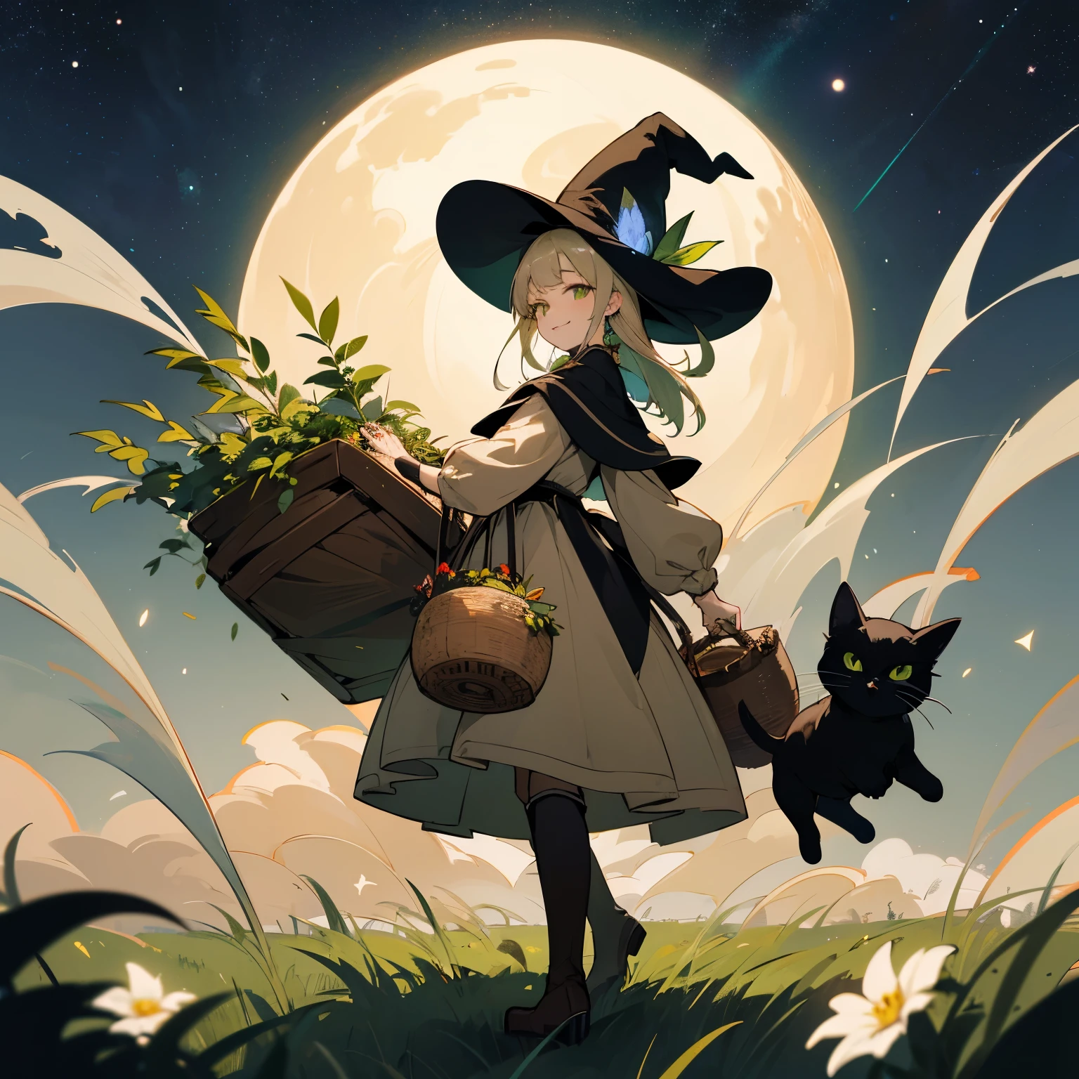 color々A witch around 25 years old carrying a large basket filled with medicinal herbs.. 、beige dress、黒colorのマント、 dark brown long boots、 green eyes、 smile 、Bluestone Pendant、night、 starry sky、 moon、buddy black cat、 grassland 、colorとりどりの花々