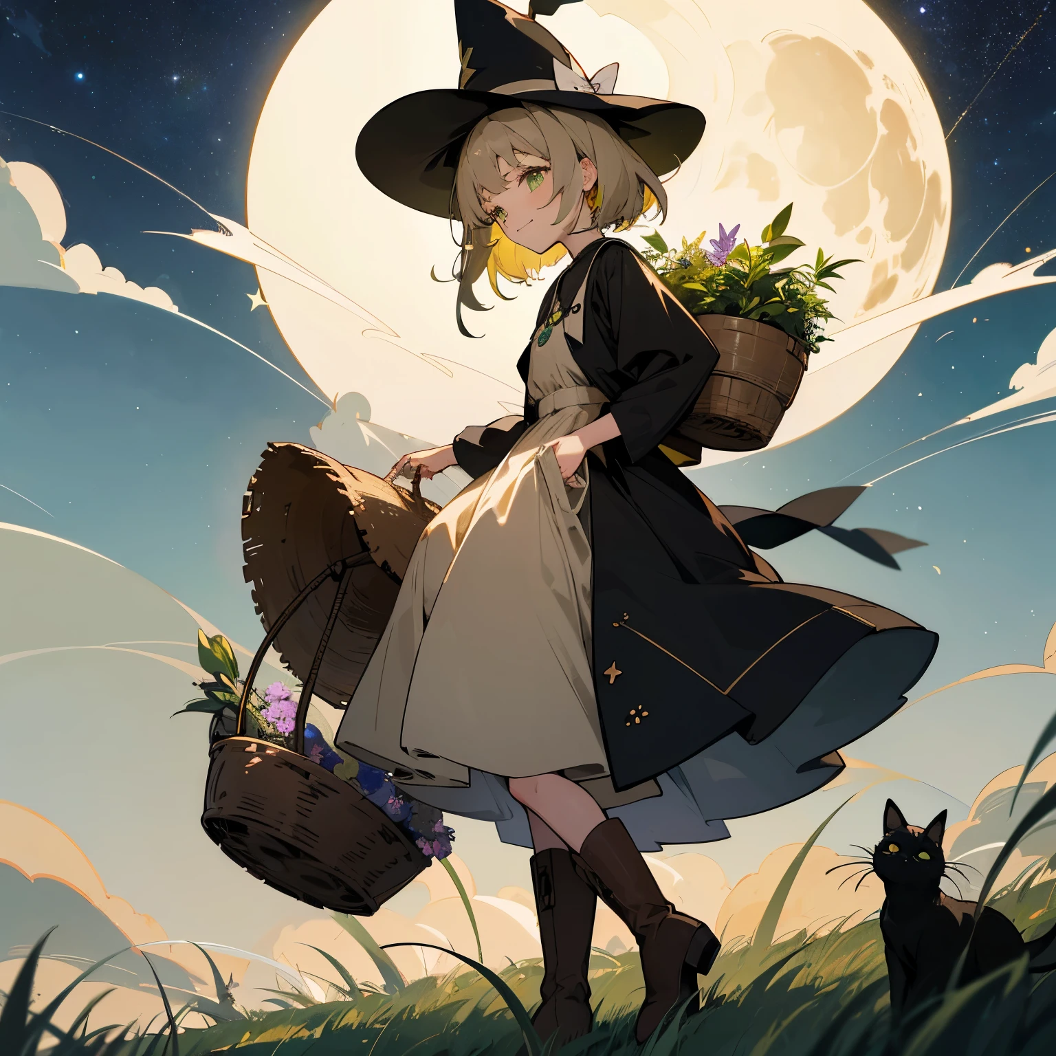 color々A witch around 25 years old carrying a large basket filled with medicinal herbs..　、beige dress、黒colorのマント、　dark brown long boots、　green eyes、　 smile　、Bluestone Pendant、night、　starry sky、　moon、buddy black cat、　　grassland　、colorとりどりの花々