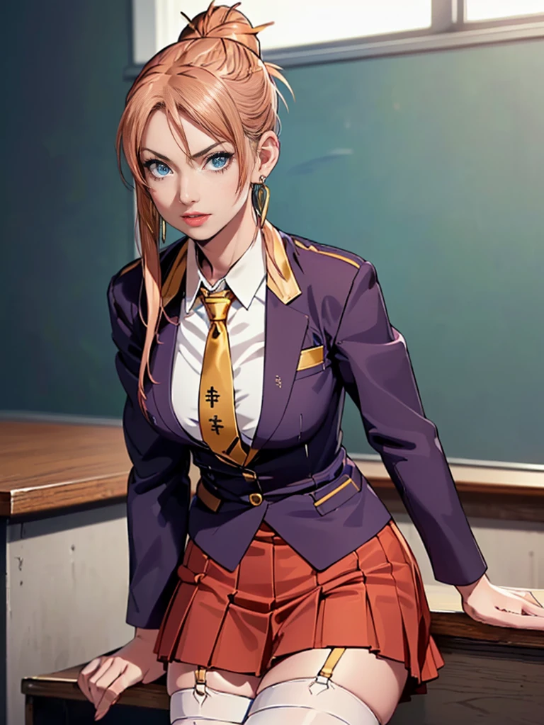 (((austere, Reina Morimoto, morimoto_reina, (blue eyes, hair bun, high bun of hair), (dark pink lisptick)), (model, muse, goddess, stunning, seductive), (((classroom background, high school student, school uniform, necktie, jacket, blazer,long sleeves, skirt,pleated skirt,thighhighs, fumizuki academy school uniform))), (1girl, solo, Reina Morimoto, morimoto_reina, (blue eyes, hair bun, high bun of hair), lipstick, gold earrings)), mole on the face, sensual pose, Beautiful