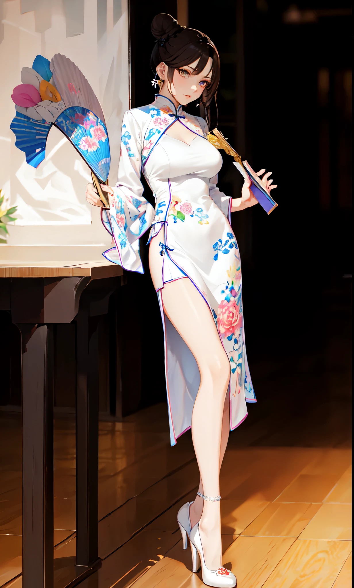 detailed background,(Brown color long hair low bun：2.0),Standing close-up,dream world,Royal sister,braid,earring,(Elongated danphoenix eyes,eye shadow,long eyelashes),Elongated danphoenix eyes,handheld fan,(Chinese cheongsam short skirt,Shredded flower cloth：2.0),(big breast),(Soft light and shadow：1.9),white high heels,Detailedly drawn backgrounds